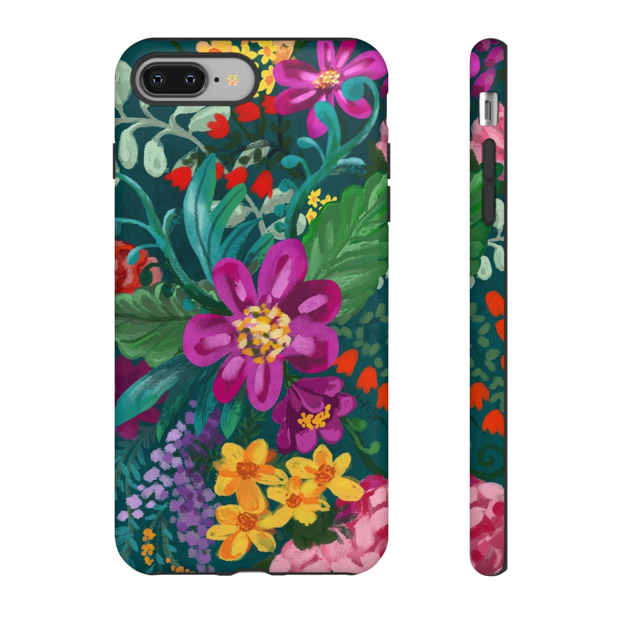 Posy Tough iPhone 8 Plus Case – Matte | teal, purple, magenta, yellow botanical wildflower print