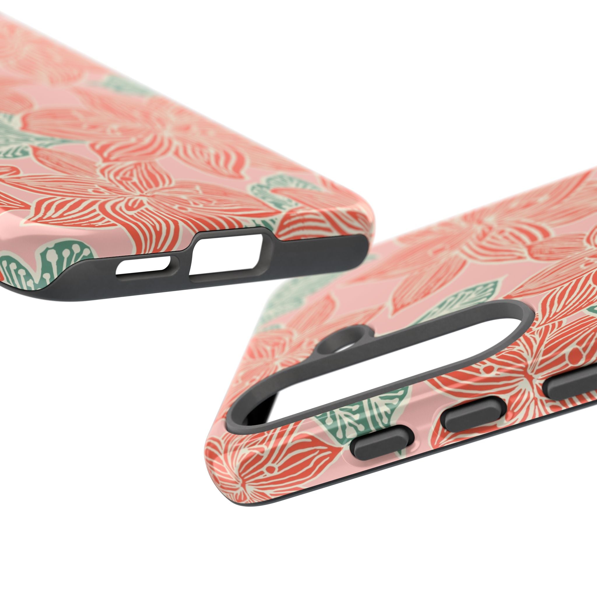 Hibiscus Coral Samsung Galaxy S26 Case — dual-layer construction detail showing ports, camera cutout, and buttons; coral red hibiscus and teal-green leaves botanical print