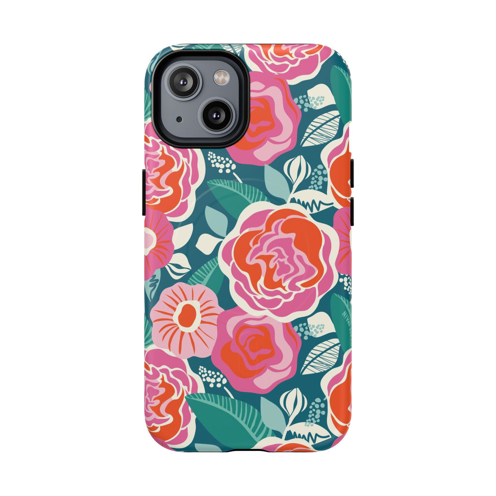 Luxury Tea Rose Teal MagSafe iPhone 14 Case – Matte | teal, coral, pink botanical rose floral print