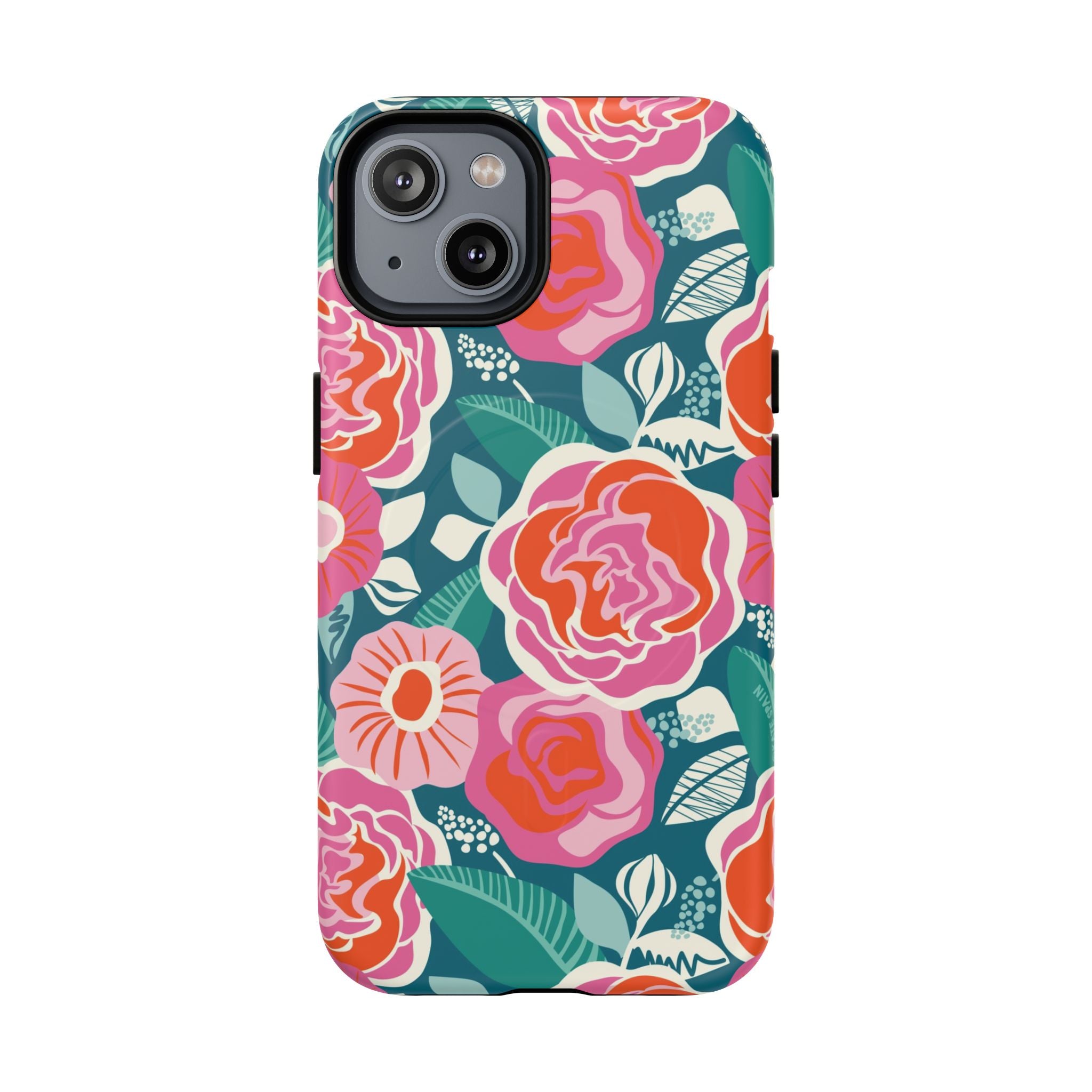 Luxury Tea Rose Teal MagSafe iPhone 14 Case – Matte | teal, coral, pink botanical rose floral print
