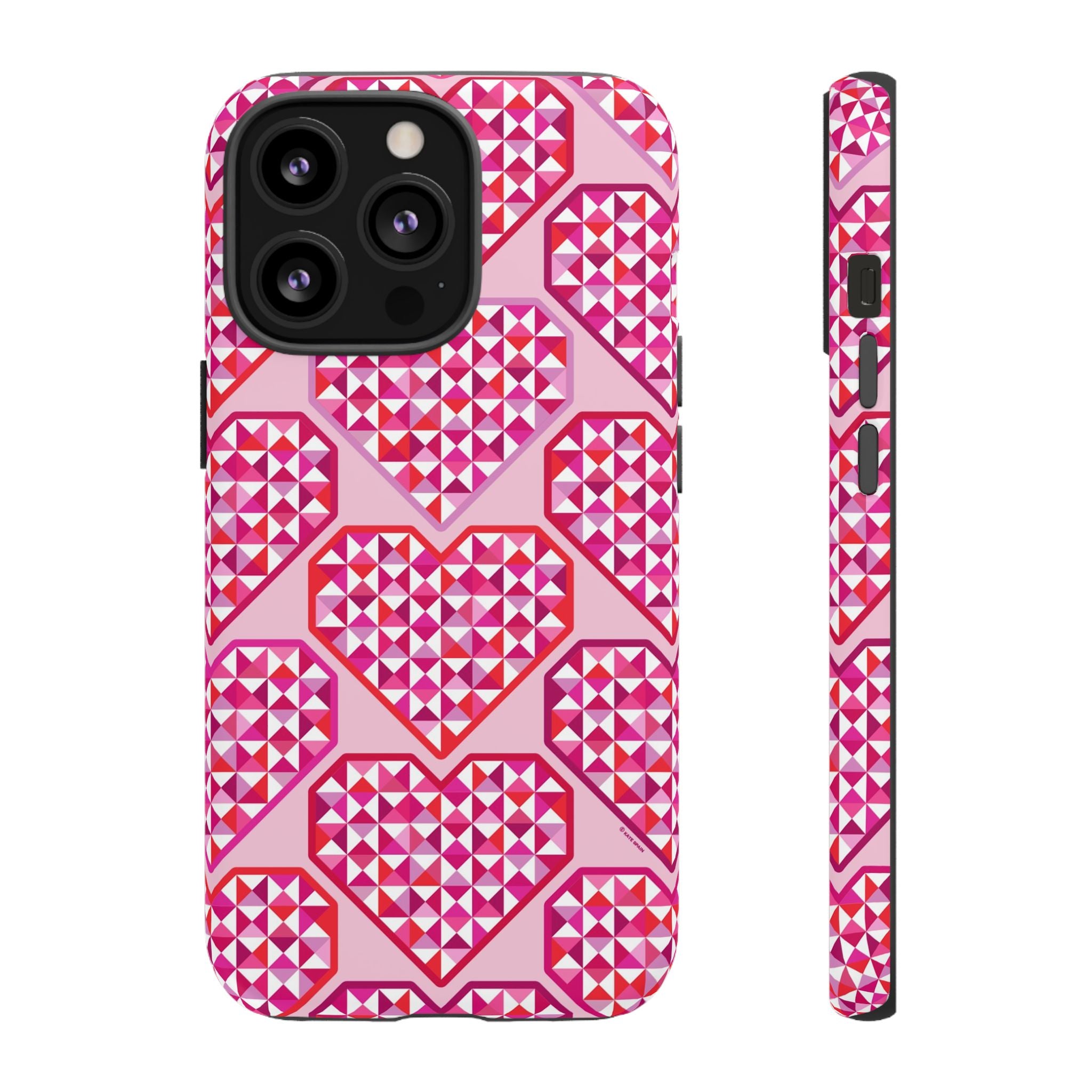 Pink Pyramid Heart Tough iPhone 13 Pro Case – Matte | blush, pink, magenta, red geometric pyramid heart print