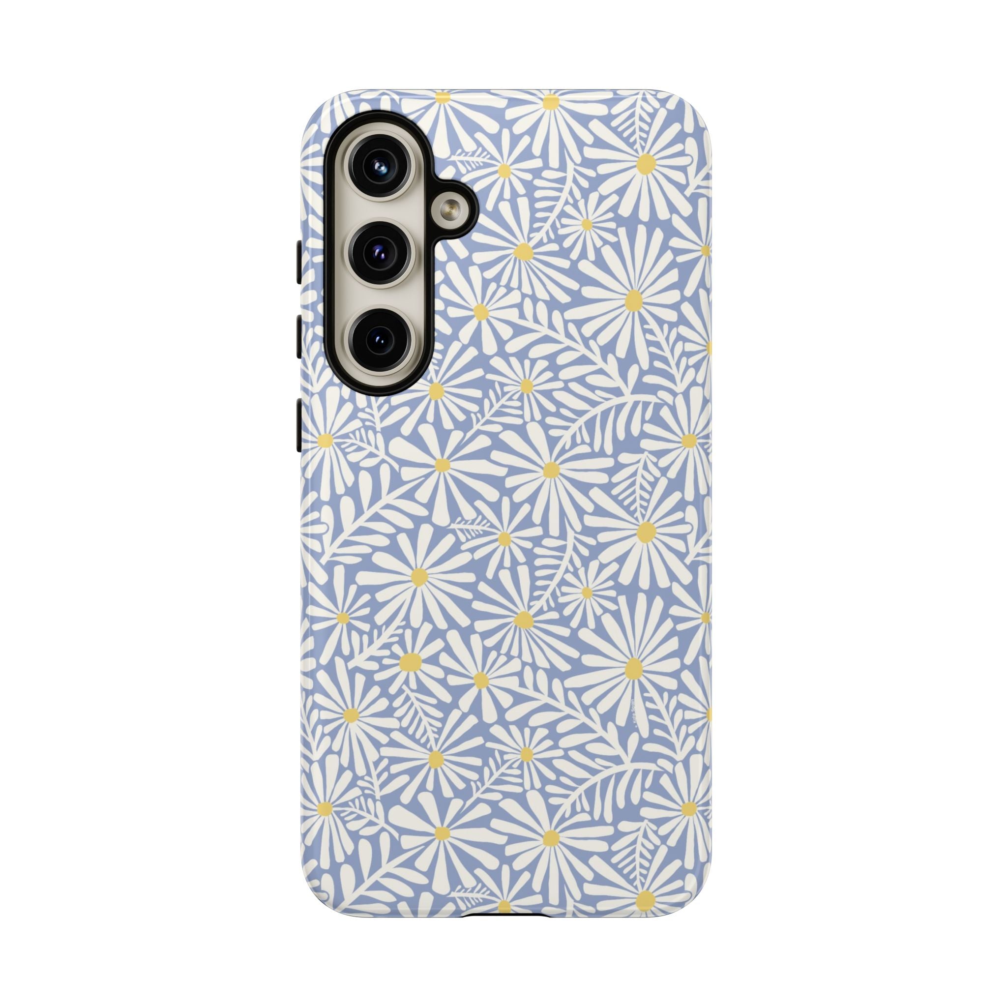 Montauk Daisy Cottage Blue Samsung Galaxy S24 Plus Glossy case — white daisy and fern print on periwinkle blue by Kate Spain