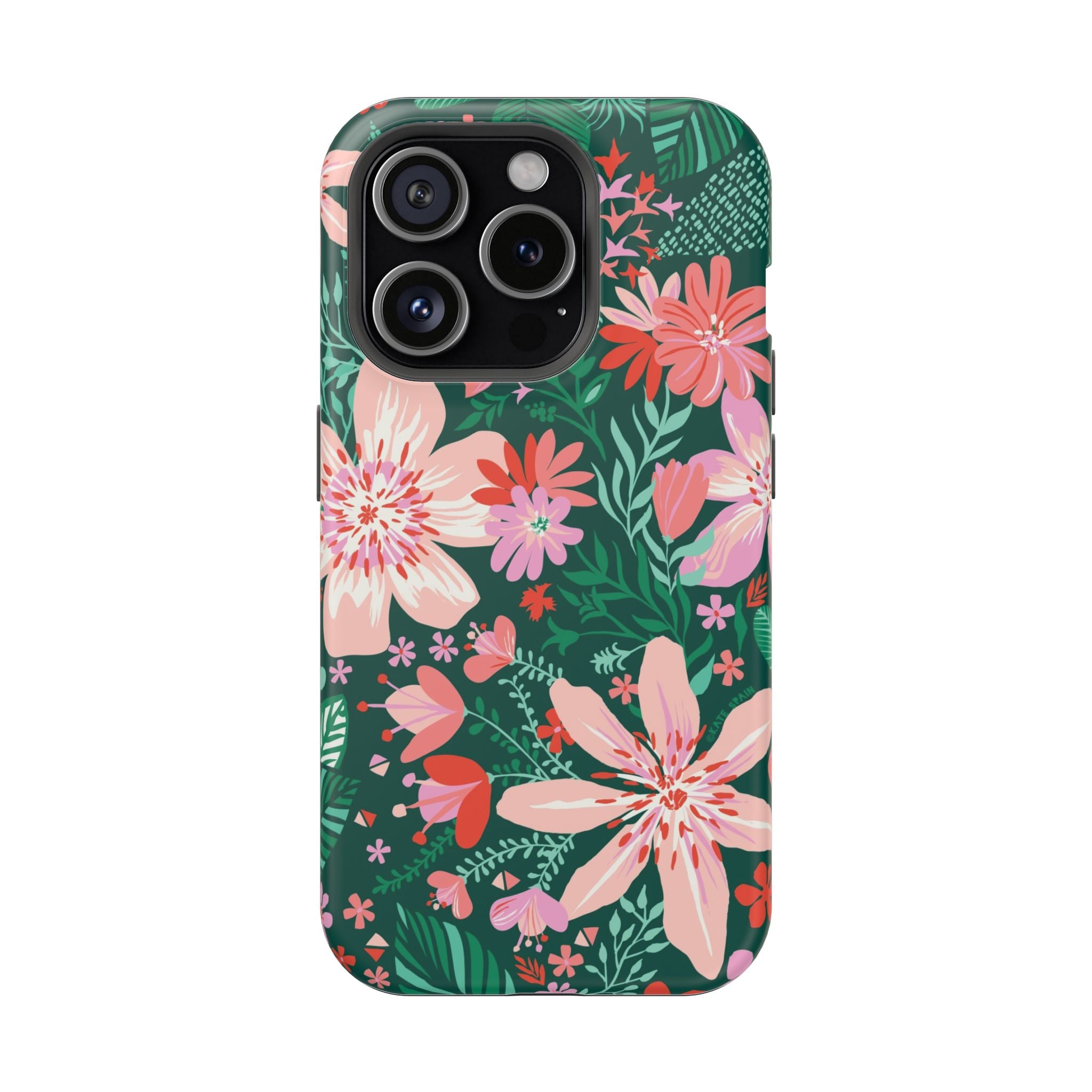 Bonaire MagSafe iPhone 15 Pro Case – Matte | forest green, blush, coral tropical floral print