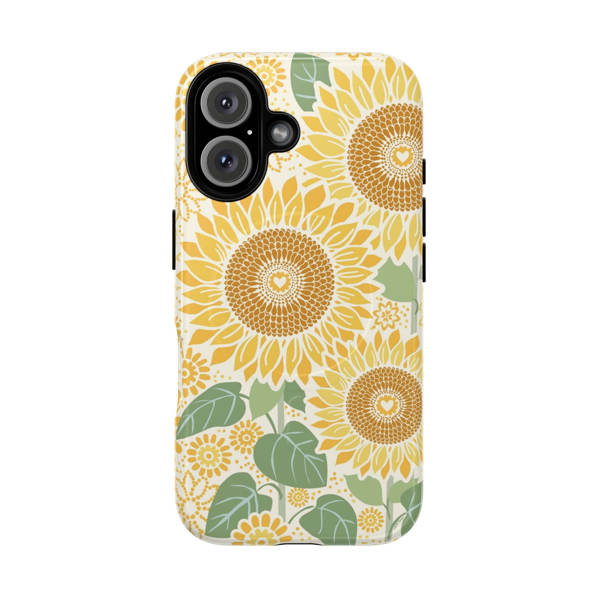Sunny Sunflower MagSafe iPhone 16 – Glossy | cream ground, large-scale yellow sunflower print, golden seed detail with heart centers, dual-layer protection