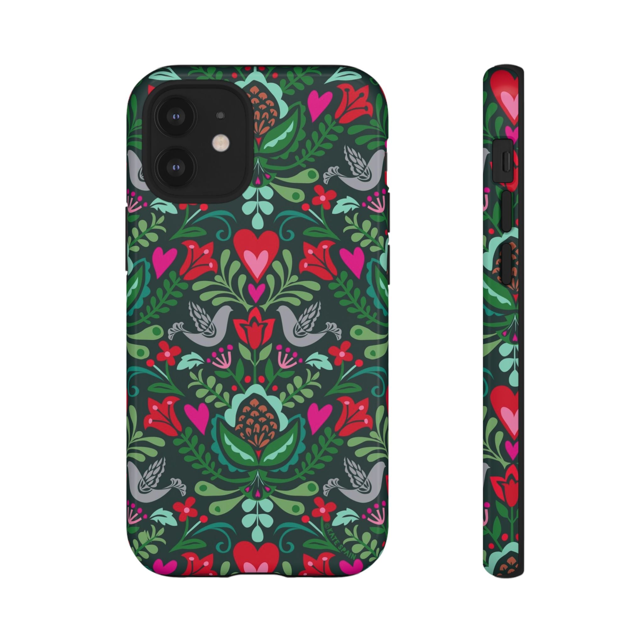Rosemaling Tough iPhone 12 Mini Case – Glossy | dark green, red, pink, gray folk art floral bird print