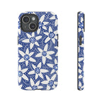 Starflower iPhone 15 Case – Glossy | navy, white geometric starflower print