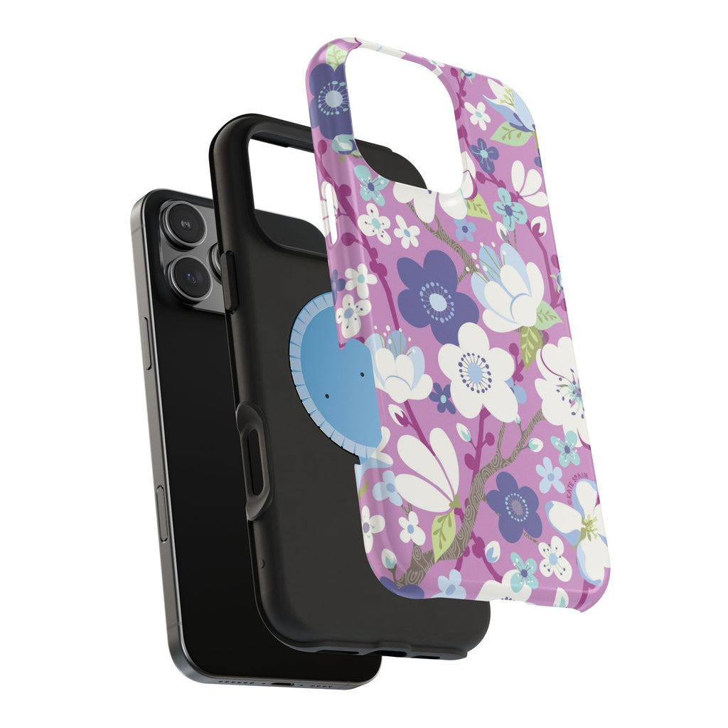 Luxury Cherry Blossom MagSafe iPhone 16 Pro Max Case – view of layered structure of case | mauve, purple, blue, white cherry blossom print