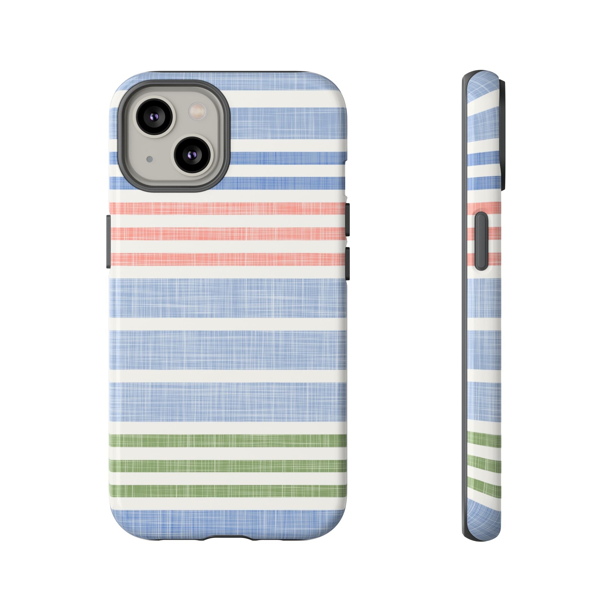 Cabana Stripe Pastel Tough iPhone 14 Case – Glossy | soft blue, coral, sage green chambray-textured stripe print dual-layer protection