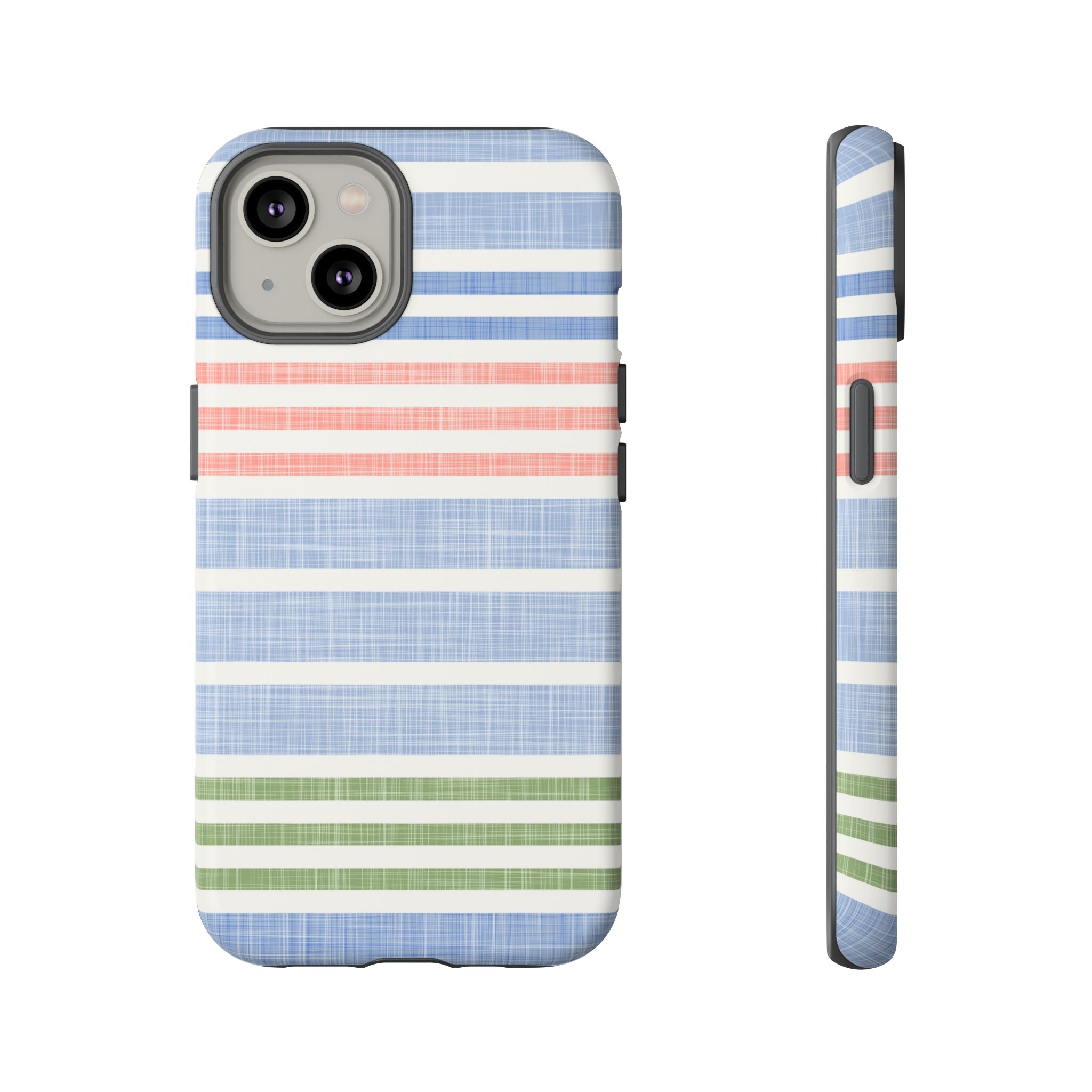 Cabana Stripe Pastel Tough iPhone 14 Case – Matte | soft blue, coral, sage green chambray-textured stripe print dual-layer protection