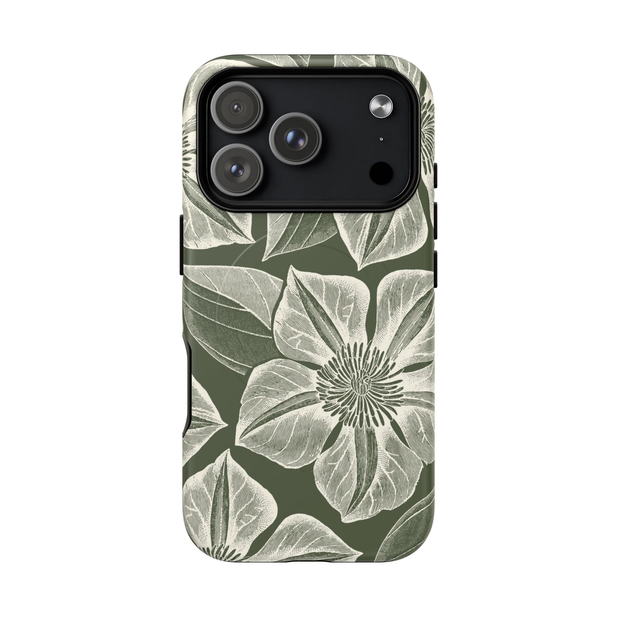 Vintage Bloom Cypress MagSafe iPhone 17 Pro – Matte | cypress green ground, large-scale white clematis print, engraved petal detail, dual-layer protection