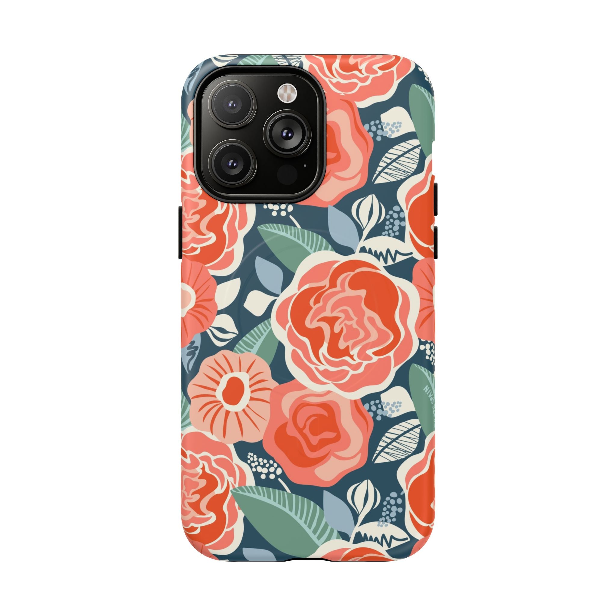 Luxury Tea Rose Navy MagSafe iPhone 14 Pro Max Case – Matte | navy, coral, peach botanical rose floral print