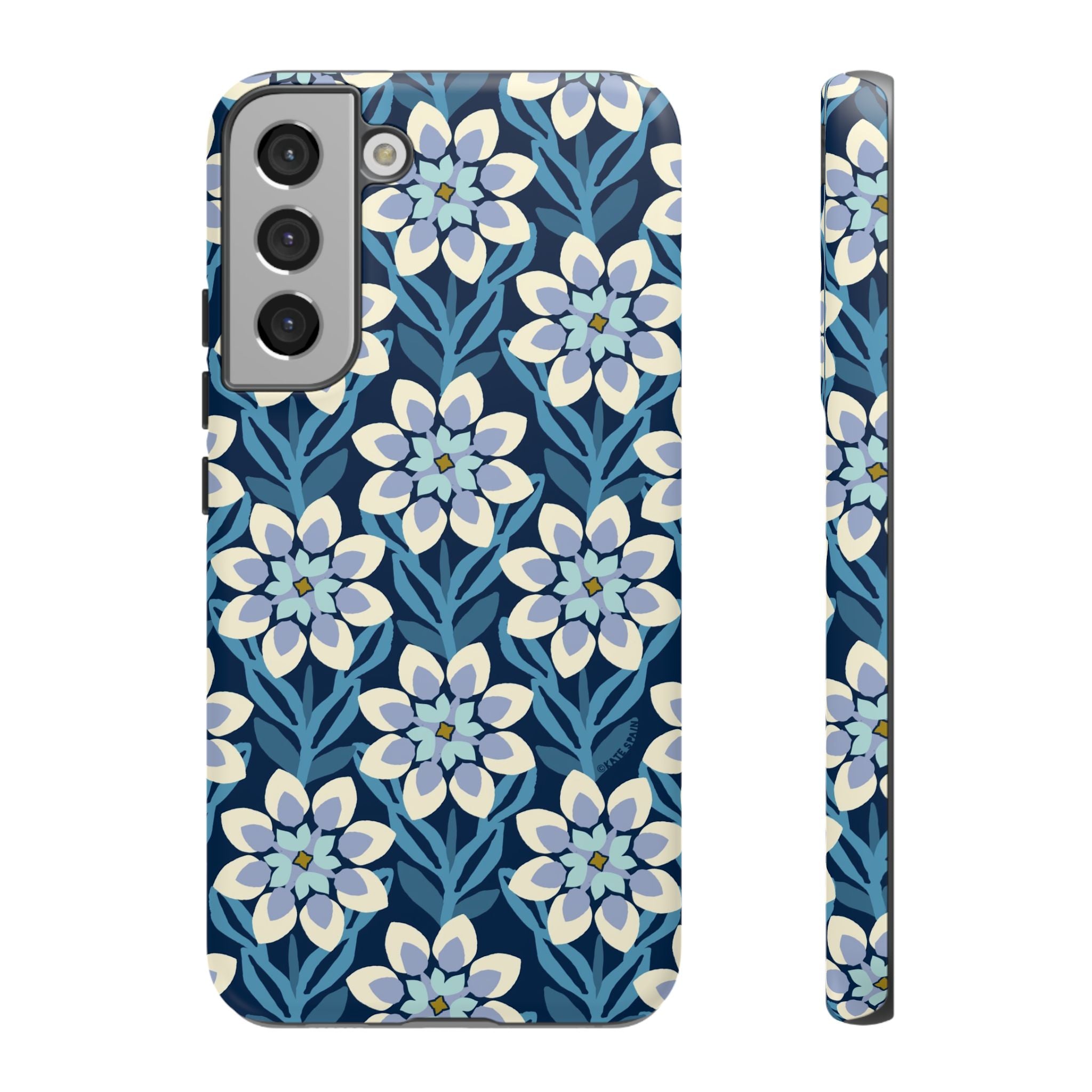 Luxury Modern Dahlia Samsung Galaxy S22 Plus Case – Glossy | navy, white, periwinkle modern dahlia print