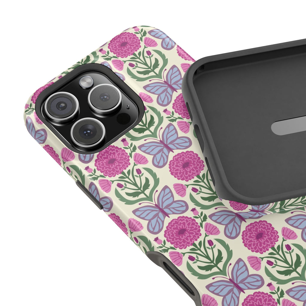 Butterfly MagSafe iPhone 16 Pro Max Glossy Case – lifestyle angled view of button, ports, and camera cutout | cream, magenta, periwinkle butterfly floral print