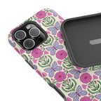 Butterfly MagSafe iPhone 16 Pro Max Glossy Case – lifestyle angled view of button, ports, and camera cutout | cream, magenta, periwinkle butterfly floral print