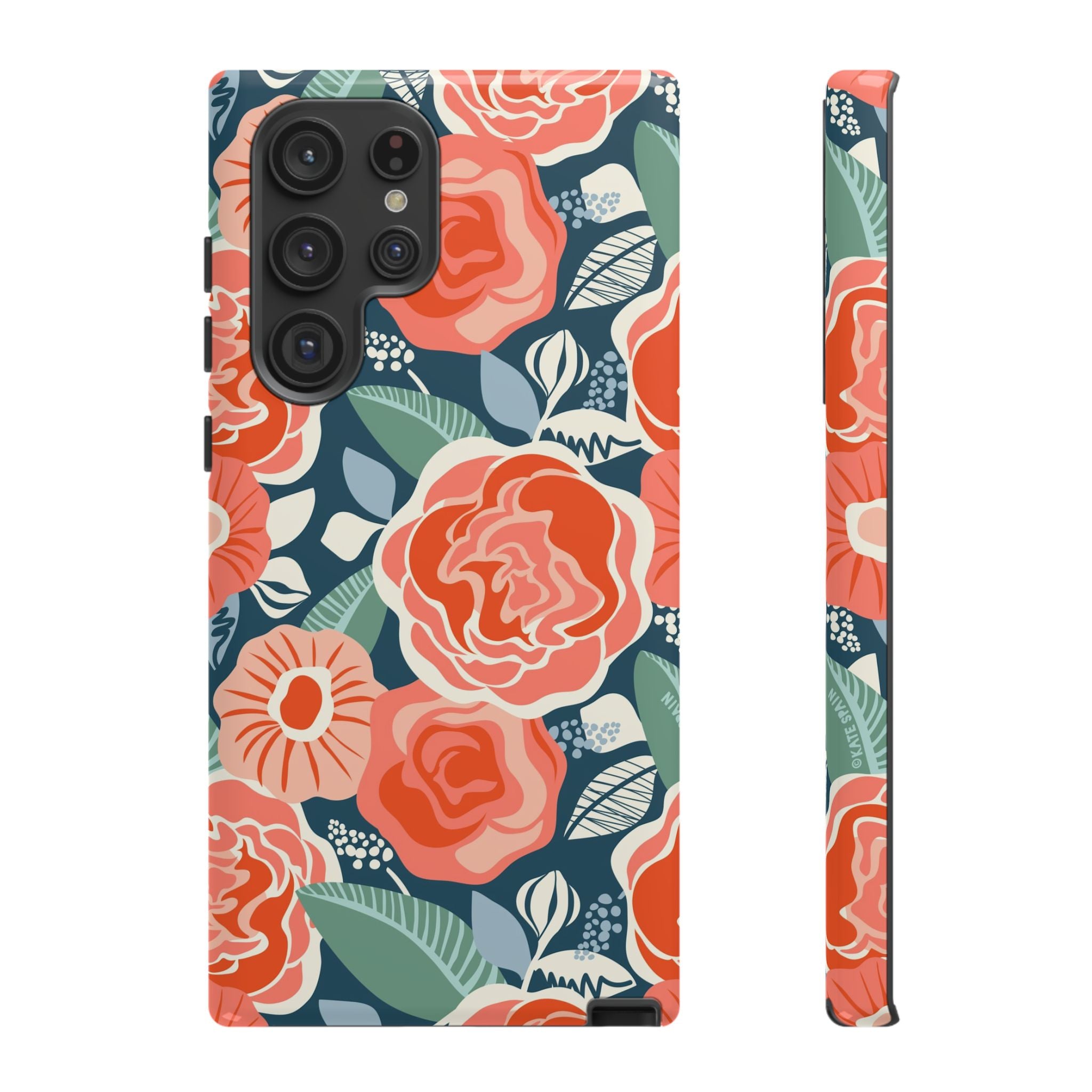 Luxury Tea Rose Navy Samsung Galaxy S22 Ultra Case – Glossy | navy, coral, peach botanical rose floral print