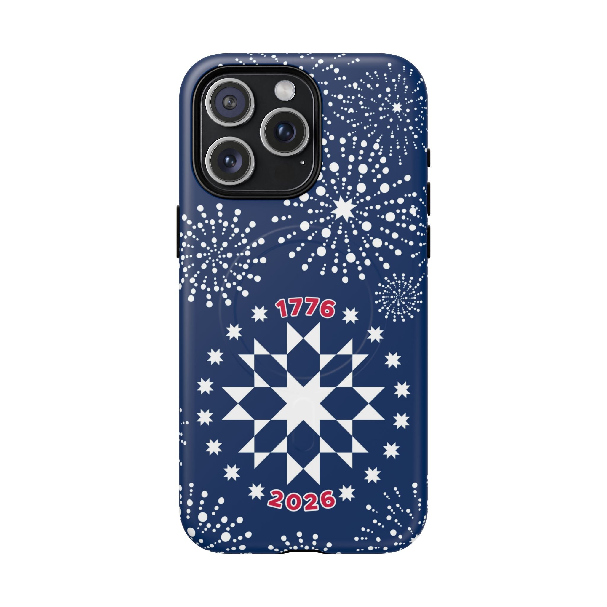 250th Fireworks MagSafe iPhone 15 Pro Max Case – Matte | navy, white patriotic star quilt fireworks print