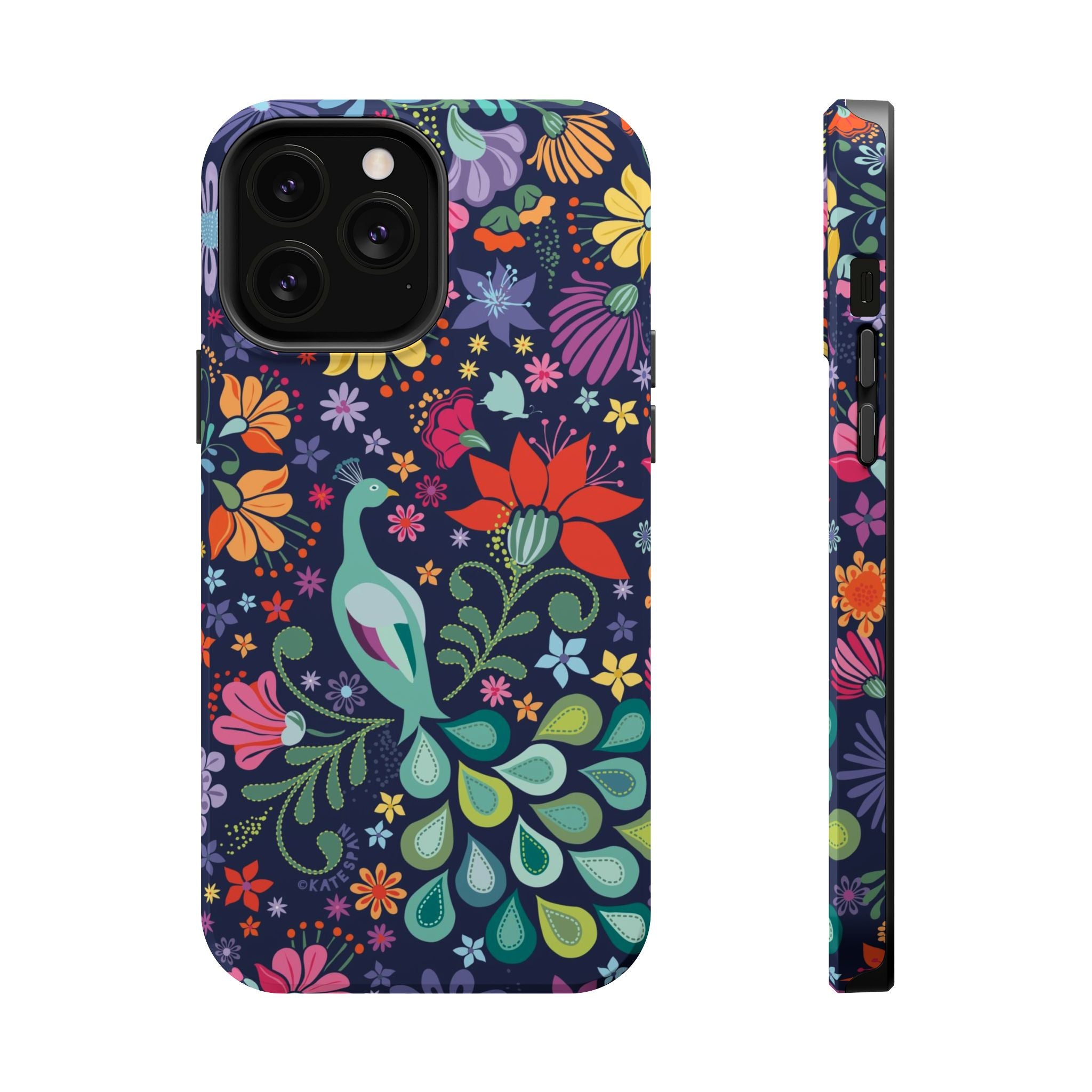 Peacock Sanctuary MagSafe iPhone 13 Pro Max Case – Glossy | navy, teal, ivory peacock botanical print MagSafe compatible, dual-layer protection