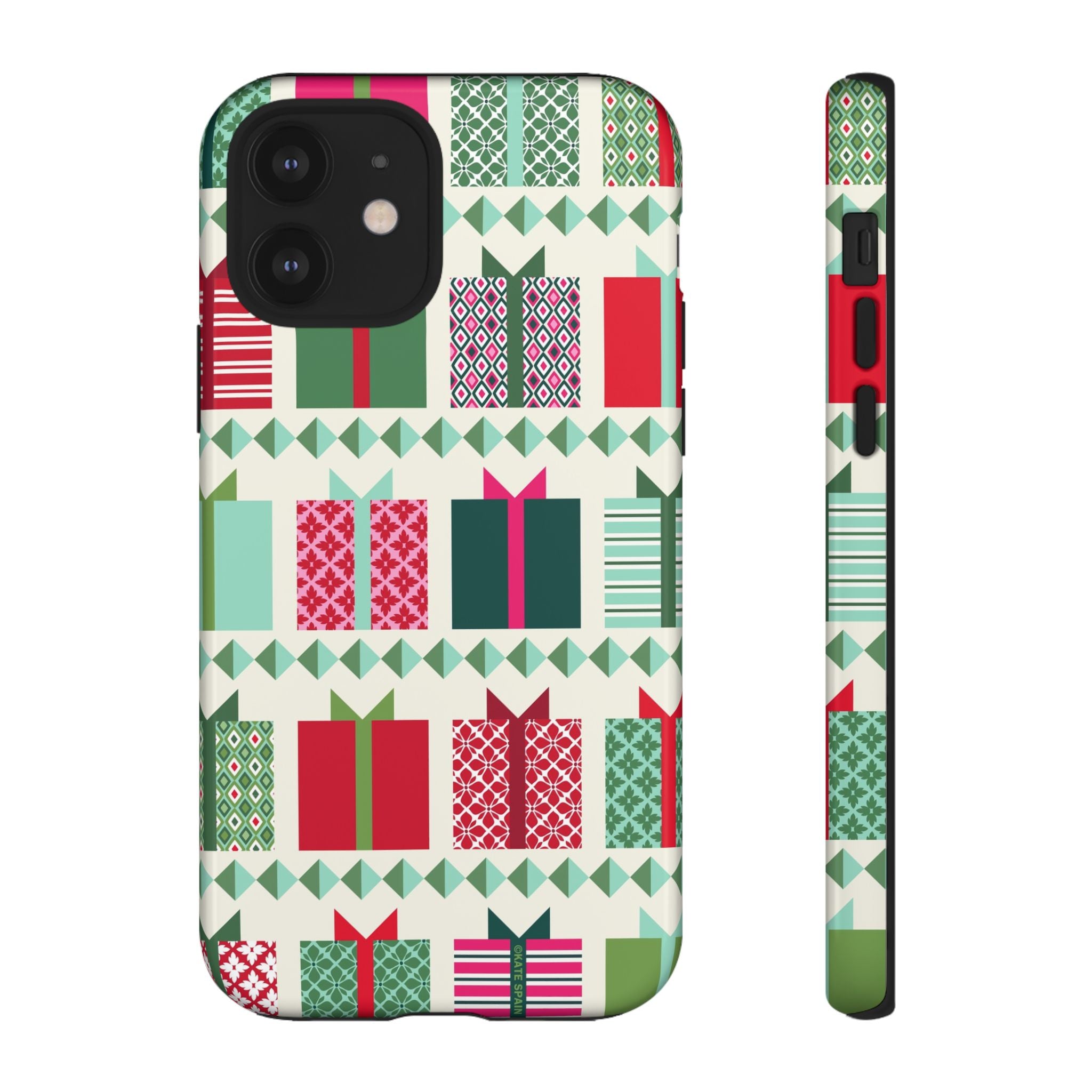 All Wrapped Up Tough iPhone 12 Case – Glossy | cream, red, pink, green, mint geometric gift wrap holiday print