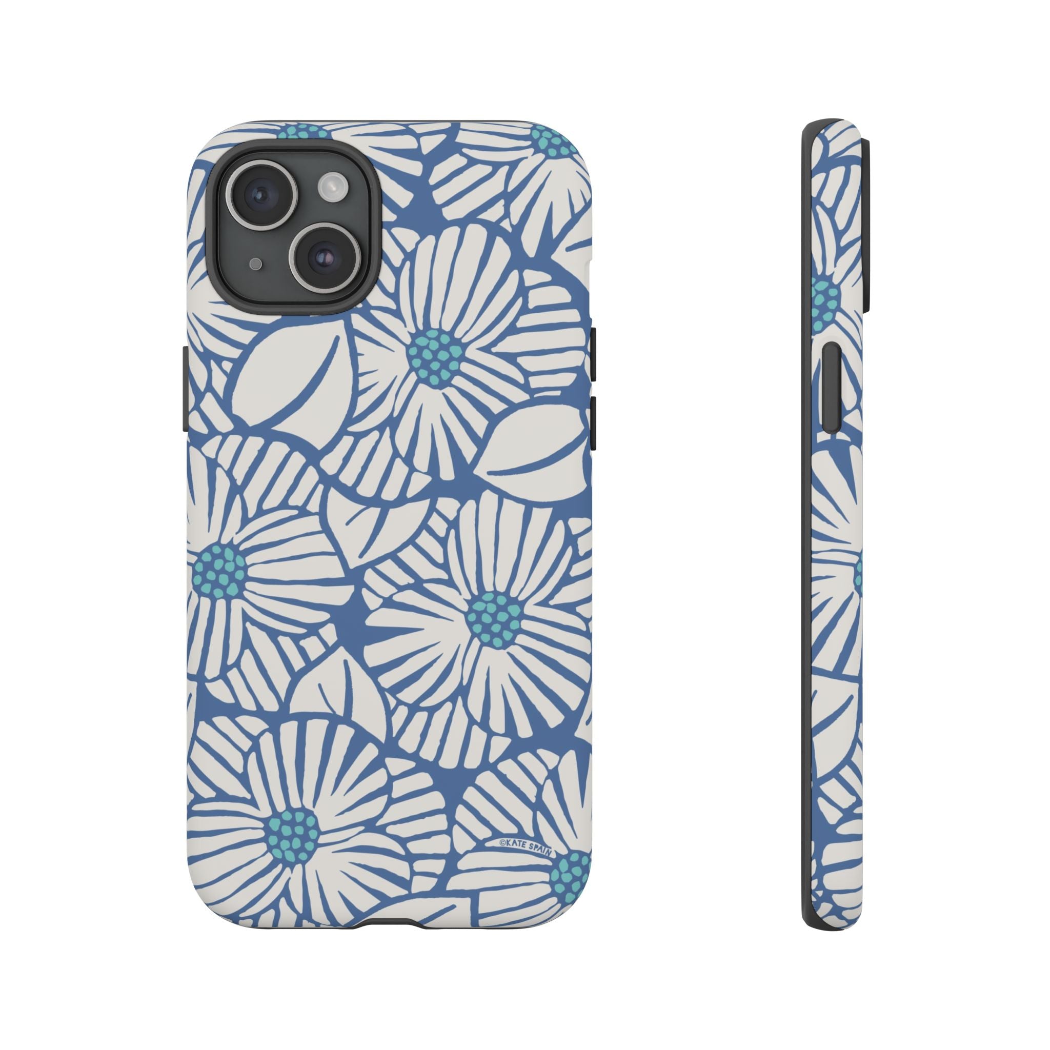Calendula Tough iPhone 15 Plus Case – Matte | periwinkle, cream, teal graphic daisy floral print