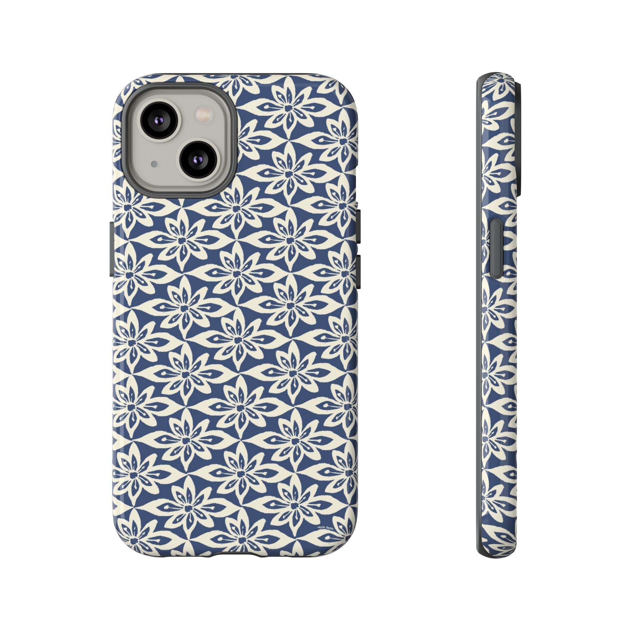 Lily Navy Blue iPhone 14 Glossy case — geometric cream lily print on navy blue by Kate Spain