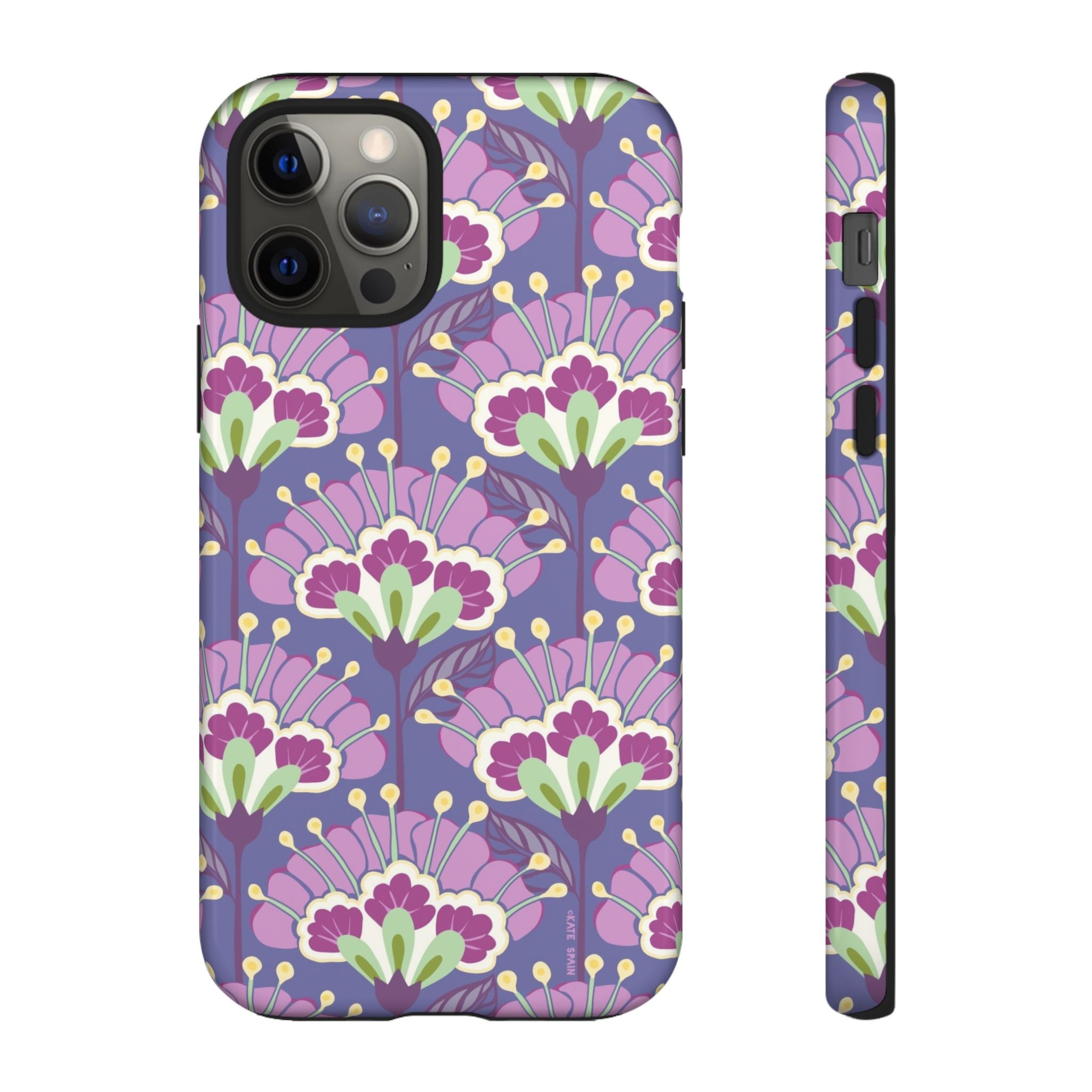 Lantern Flower Tough iPhone 12 Pro Case – Glossy | periwinkle, purple, mauve, sage botanical lantern floral print