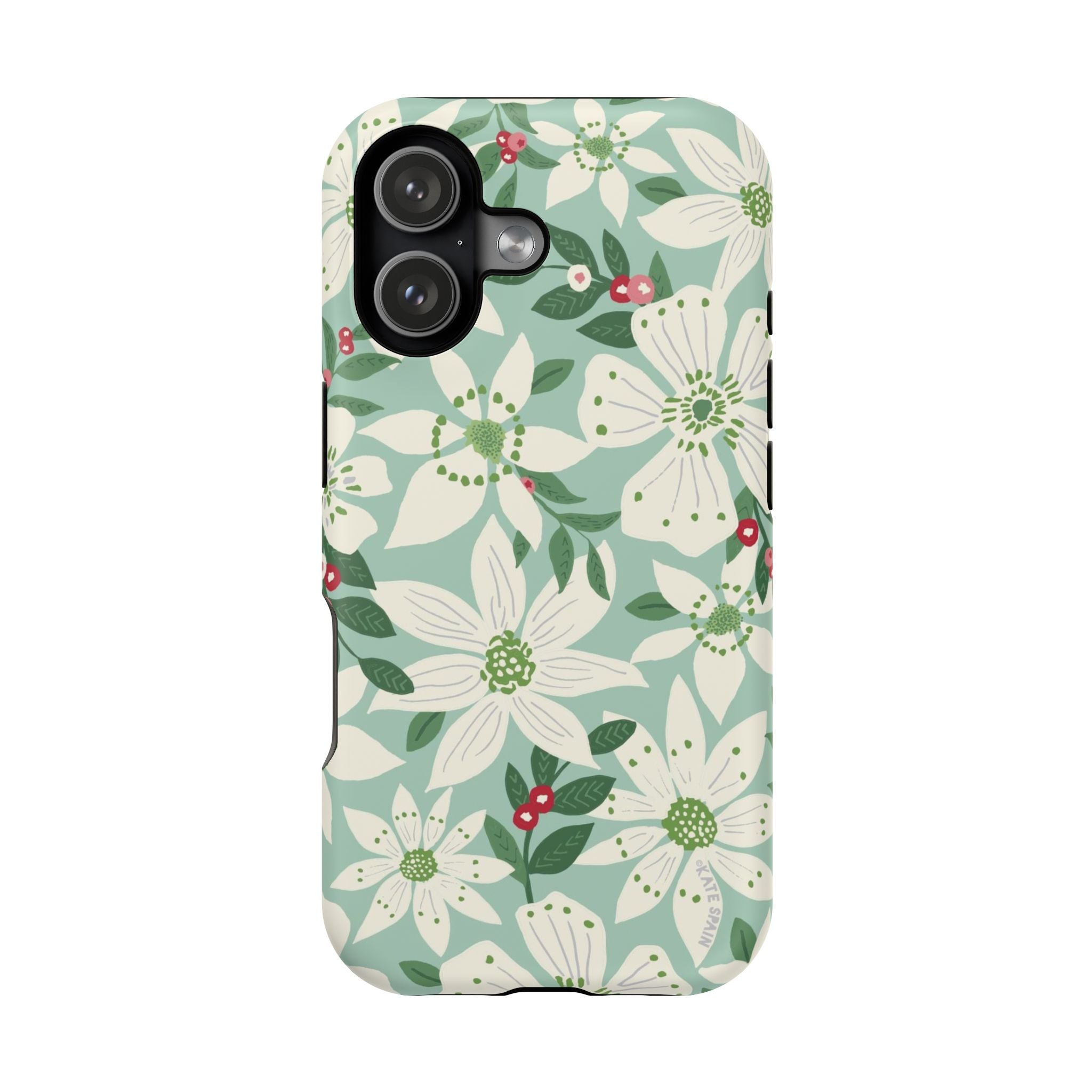 Gardenia MagSafe iPhone 17 Case – Matte | light blue, white, green, red gardenia botanical print MagSafe compatible, dual-layer protection