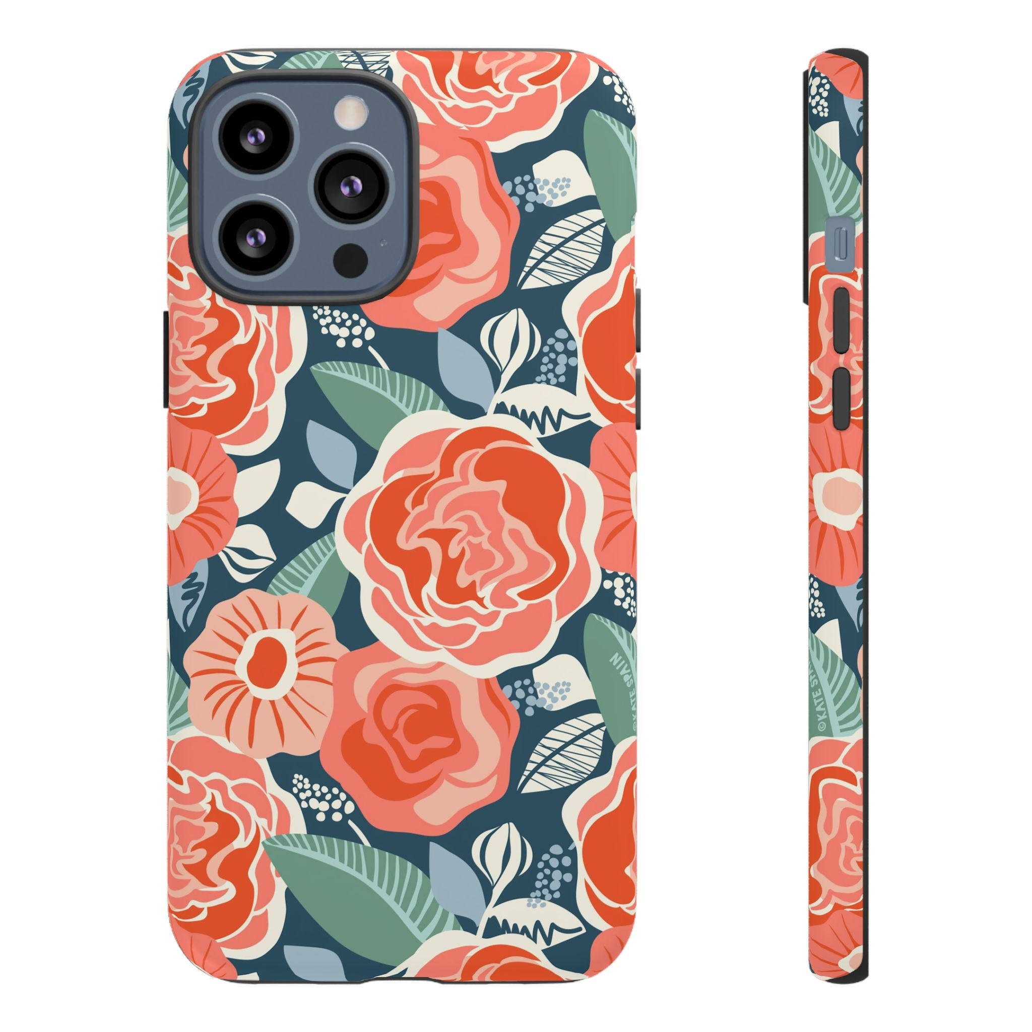 Tea Rose Navy Tough iPhone 14 Case – Glossy | navy, coral, pink, cream rose floral print