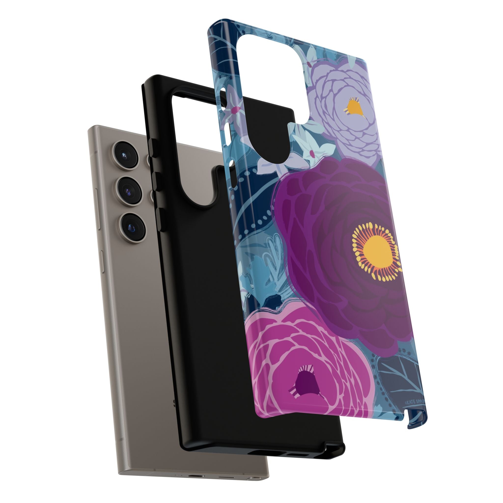 Bloomerie Samsung Galaxy S24 Ultra Case – Glossy | DETAIL of case structure in navy, purple, magenta botanical peony floral print