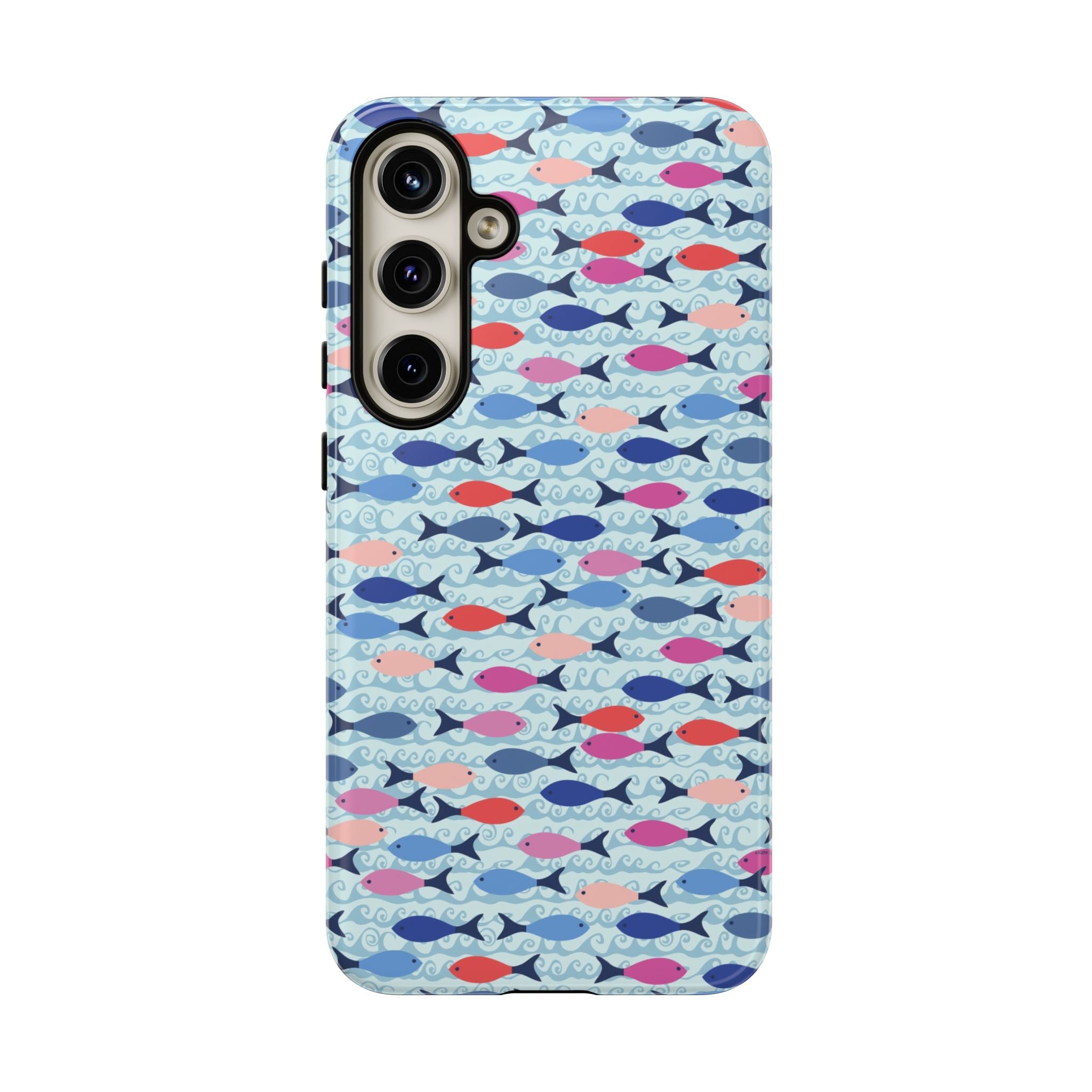 Summer Minnows Samsung Galaxy S24 Plus Case – Glossy | navy, coral, pink, and periwinkle fish on a pale aqua ground
