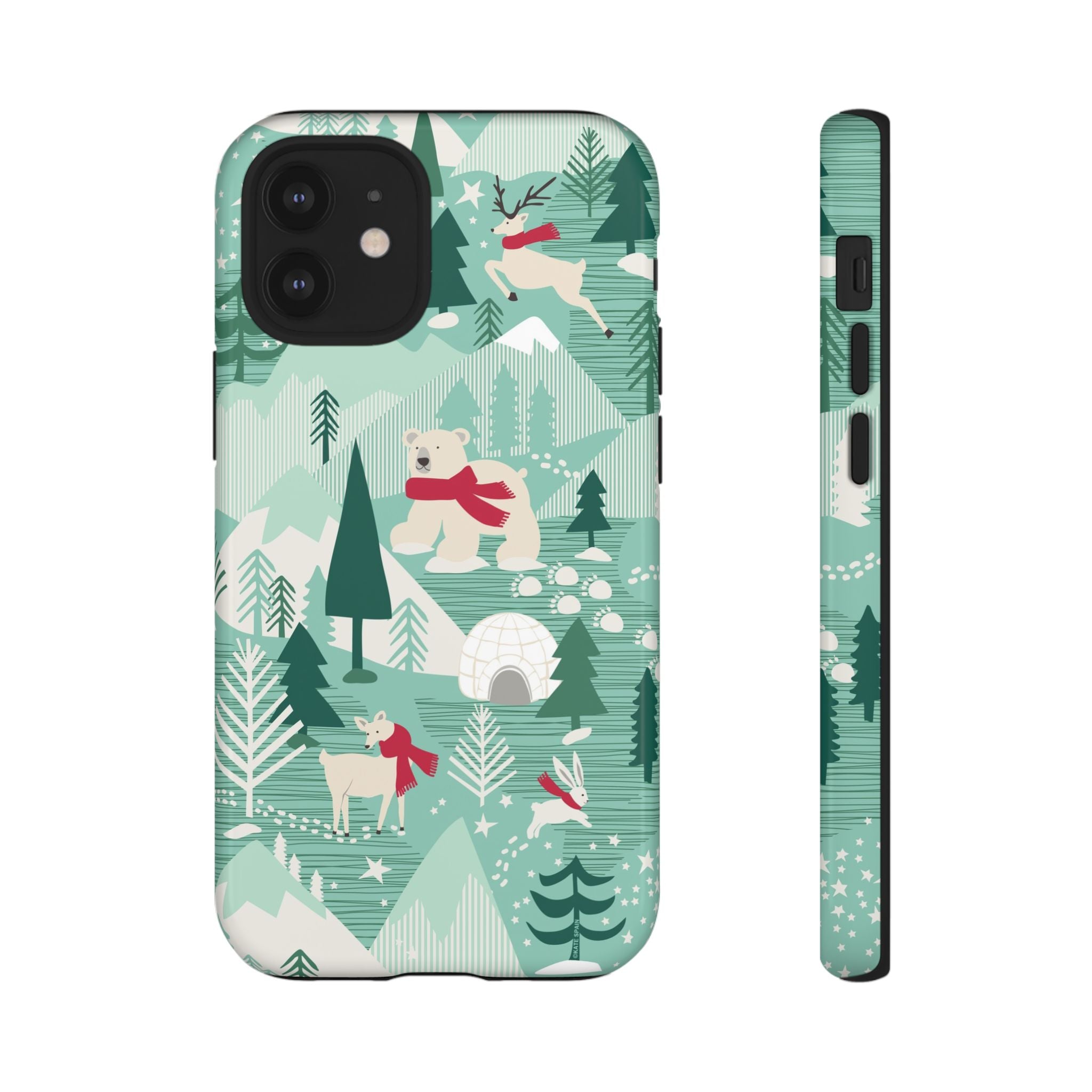 Arctica Winter Tough iPhone 12 Mini Case – Glossy | aqua, evergreen, white, animal frolic winter wonderland print