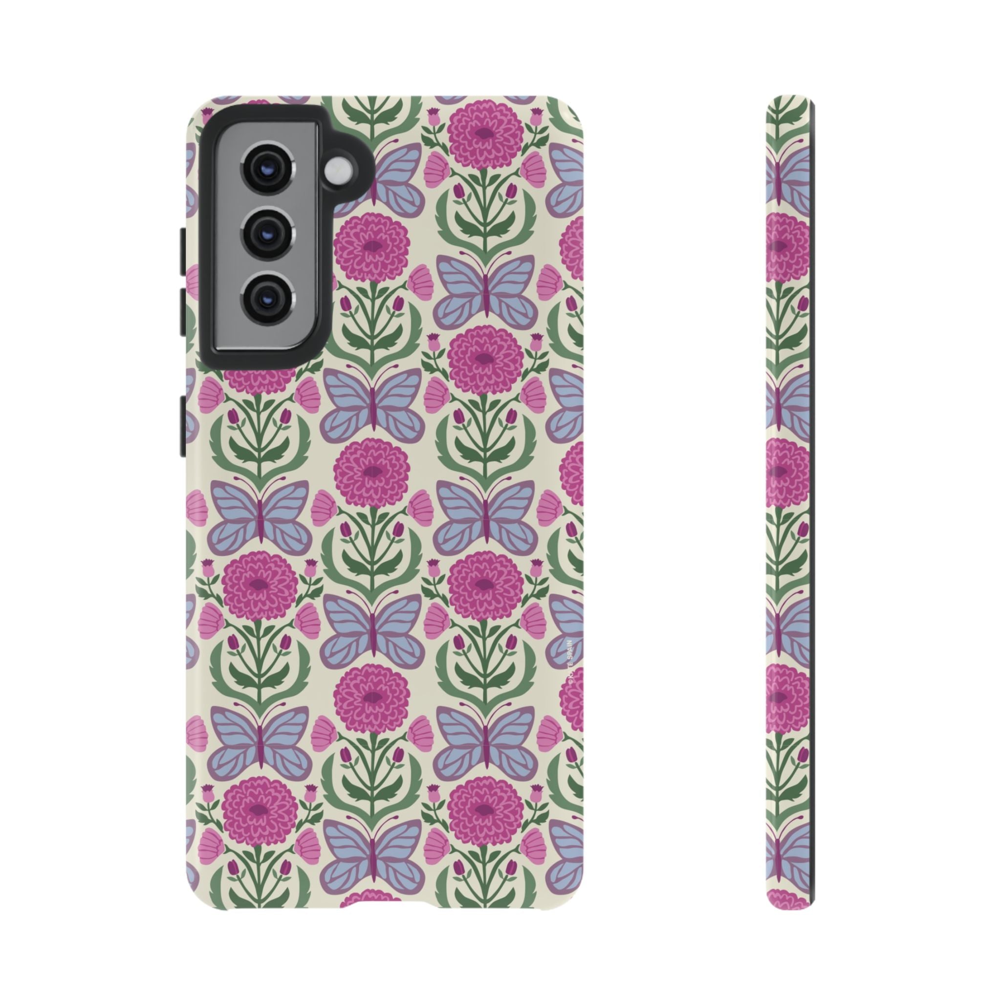 Luxury Butterfly Samsung Galaxy S21 Case – Glossy | cream, magenta, periwinkle butterfly floral print