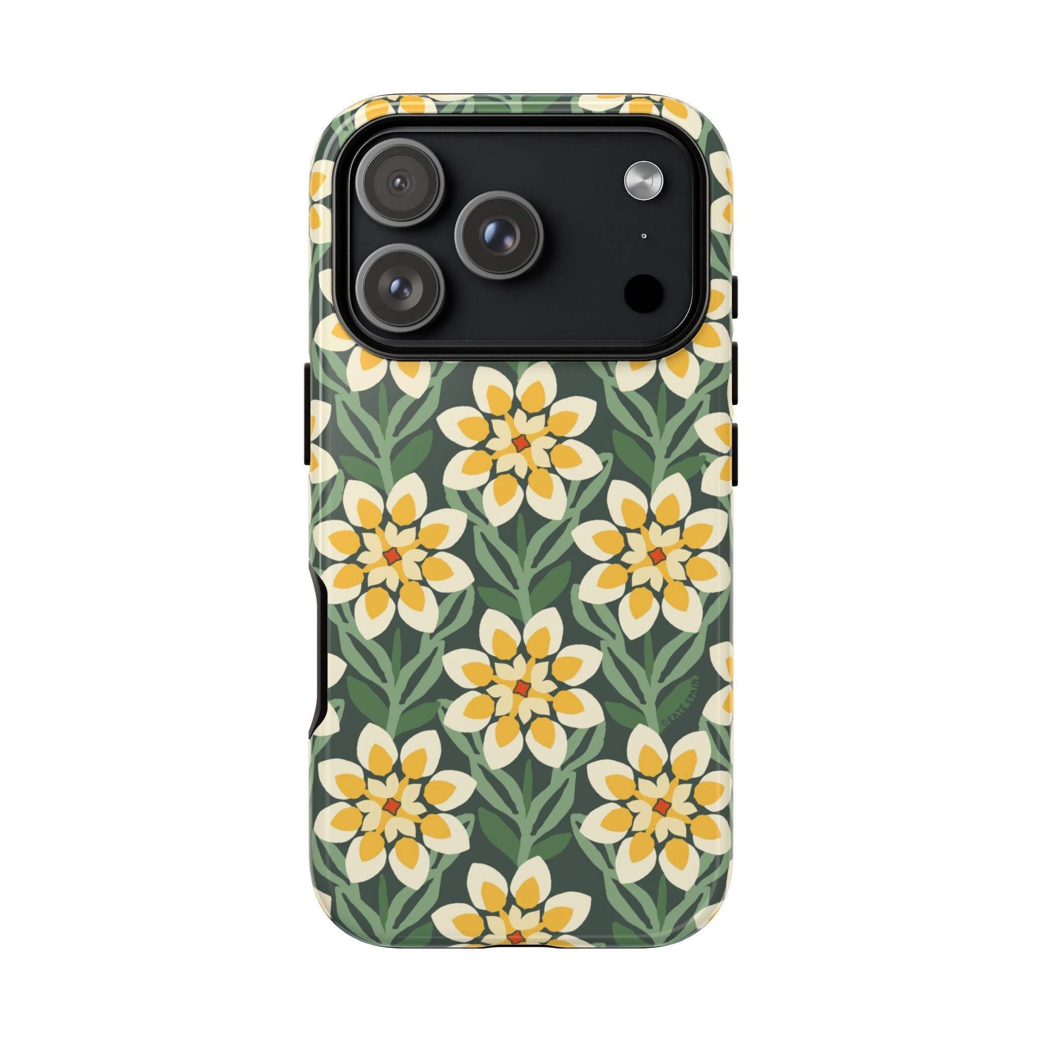 Designer Modern Dahlia Tough iPhone 17 Pro Case – Glossy | yellow, cream, green dahlia floral print
