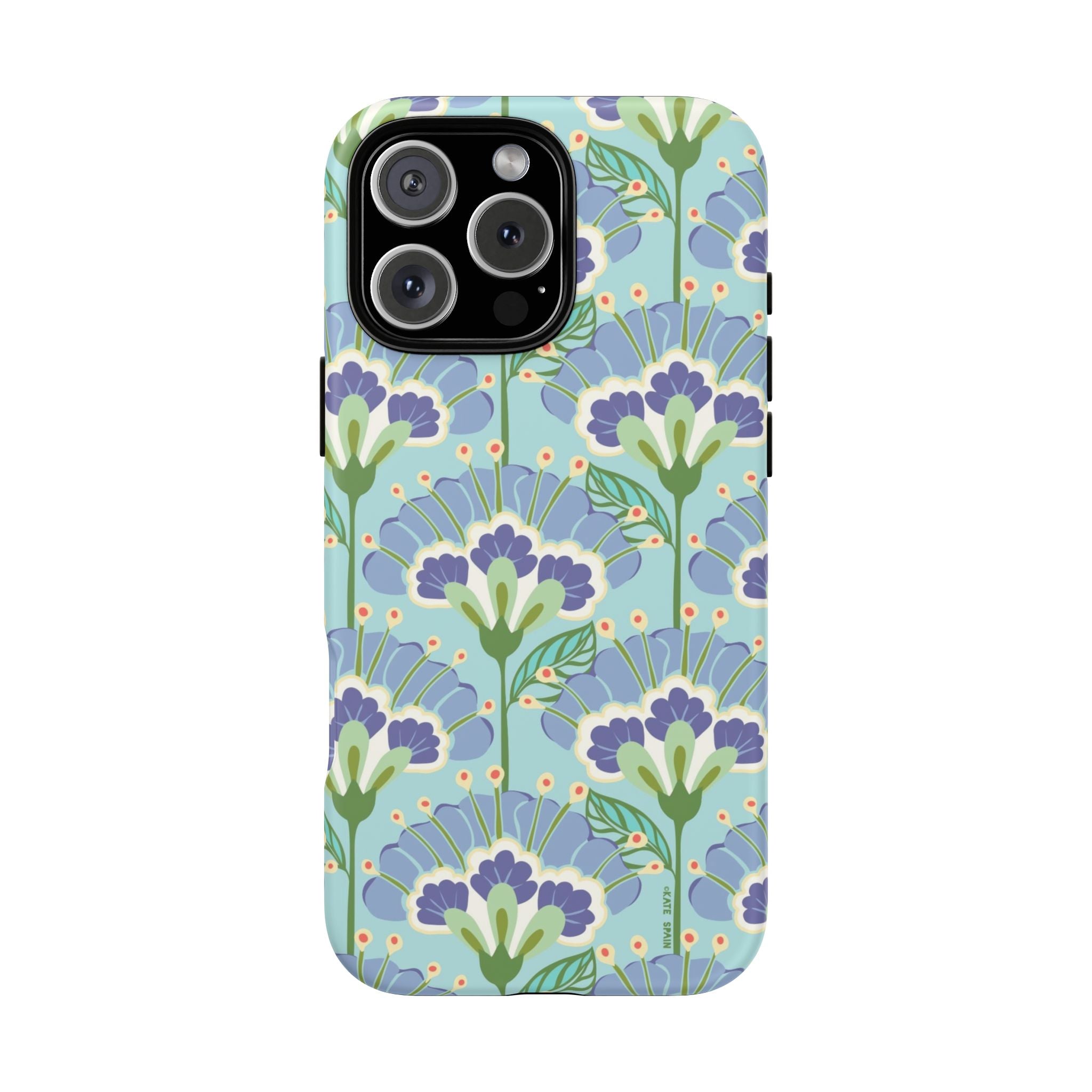 Lantern Flower Tough iPhone 16 Pro Case – Glossy | aqua, periwinkle, green botanical lantern floral print