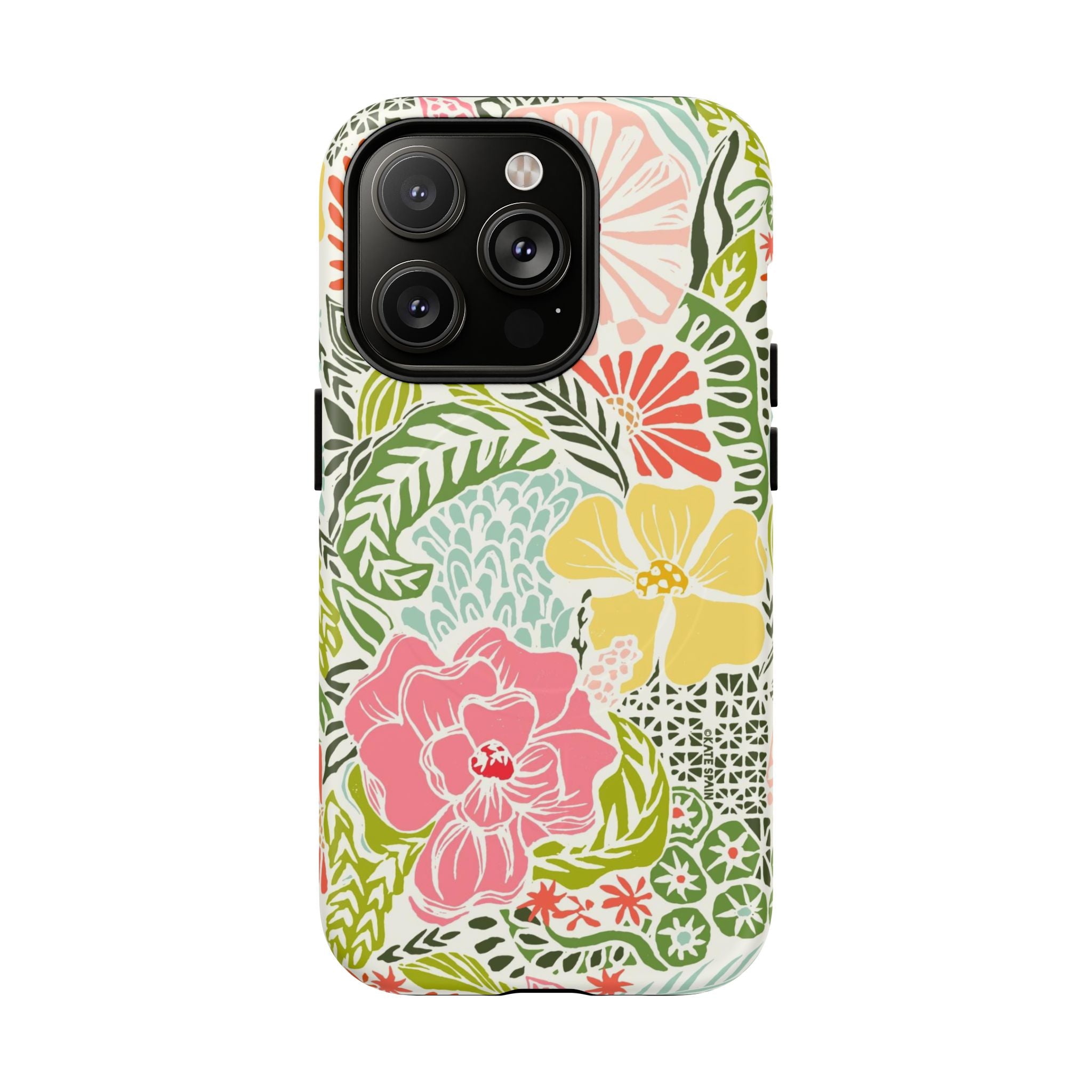 Tropica MagSafe iPhone 14 Pro Case – Matte | yellow, coral, pink, green botanical tropical floral print