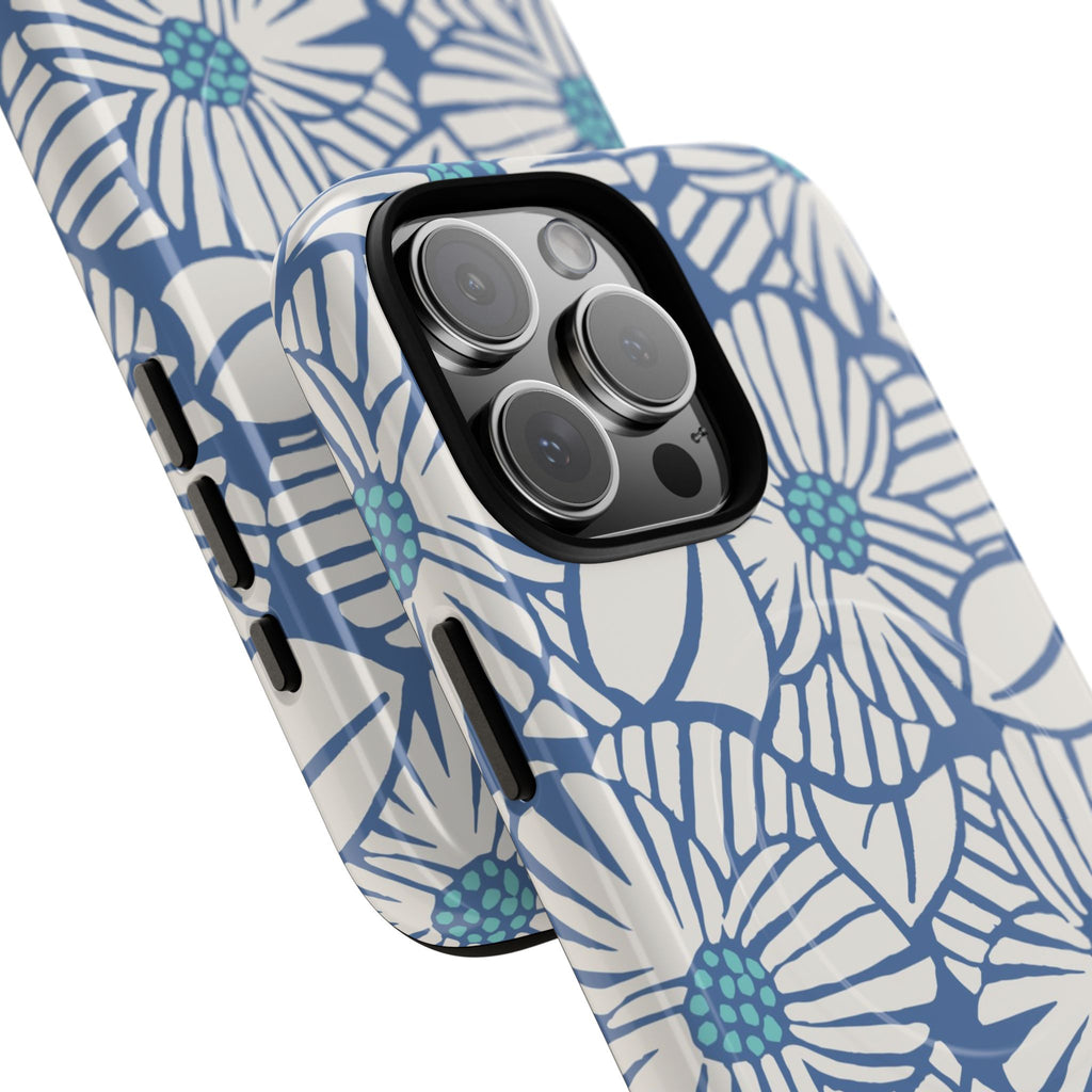 Calendula MagSafe iPhone 16 Pro Max Case – Glossy | periwinkle, cream, teal graphic daisy floral print | angled view closeup of camera cutout and buttons