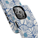Calendula MagSafe iPhone 16 Pro Max Case – Glossy | periwinkle, cream, teal graphic daisy floral print | angled view closeup of camera cutout and buttons