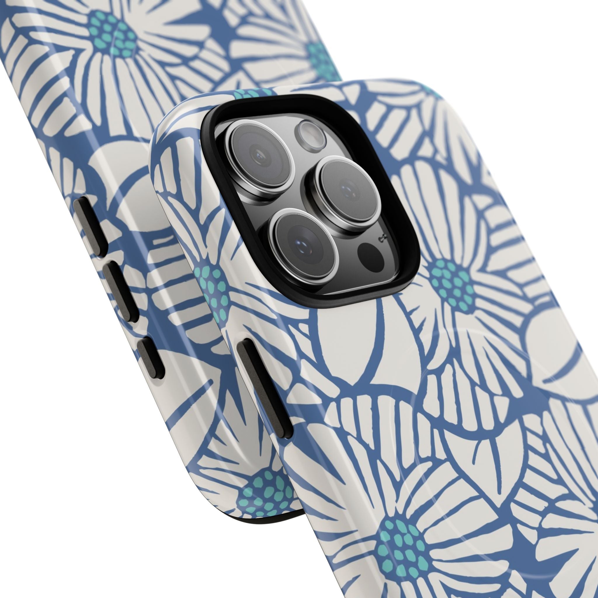 Calendula MagSafe iPhone 16 Pro Max Case – Glossy | periwinkle, cream, teal graphic daisy floral print | angled view closeup of camera cutout and buttons