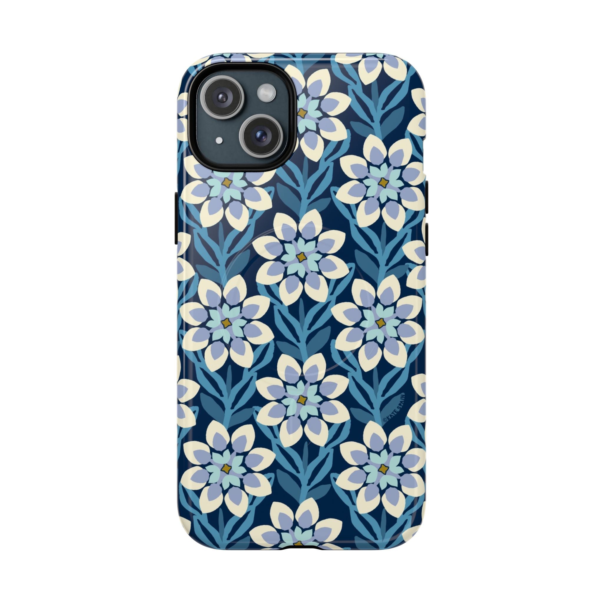 Luxury Modern Dahlia MagSafe iPhone 15 Plus Case – Glossy | navy, slate blue, white geometric dahlia tile floral print