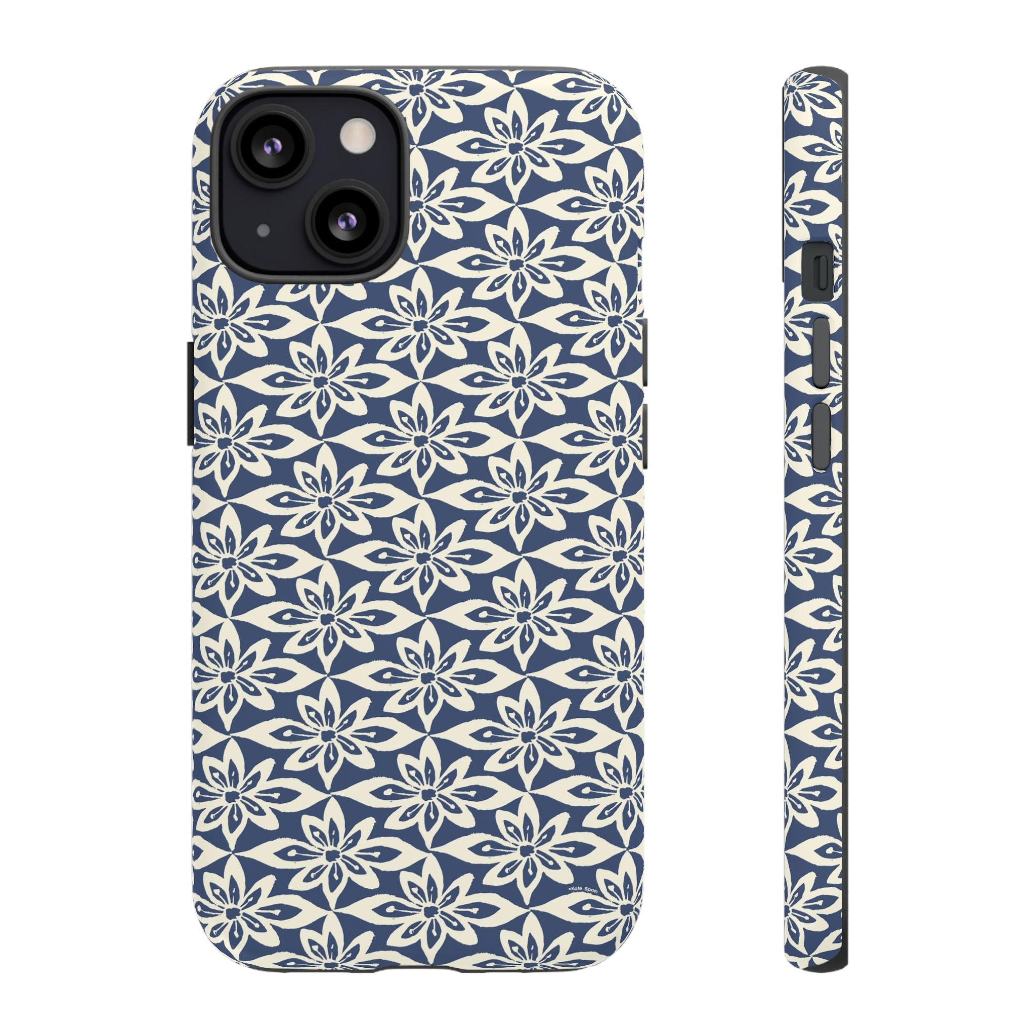 Lily Navy Blue iPhone 13 Matte case — geometric cream lily print on navy blue by Kate Spain