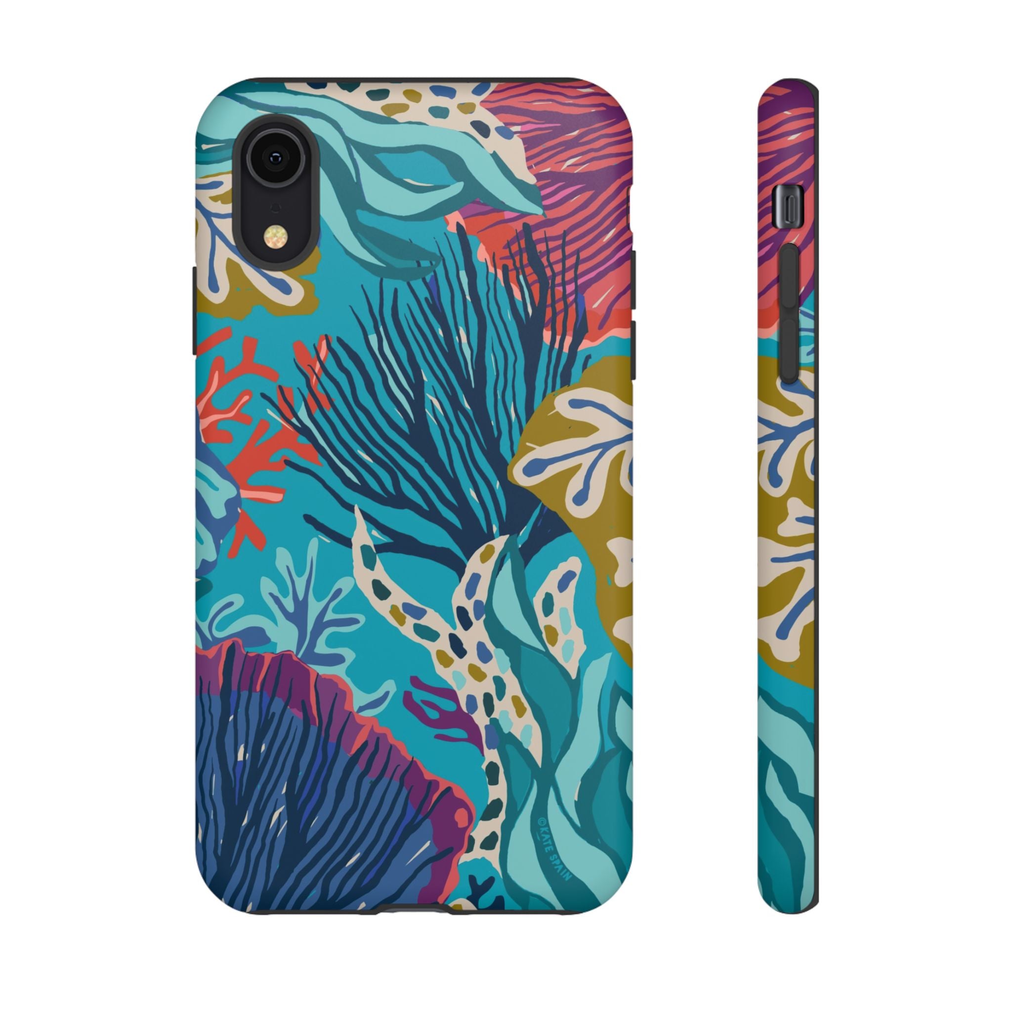 Reef Tough iPhone XR Case – Matte | teal, coral, navy, purple botanical coral reef print
