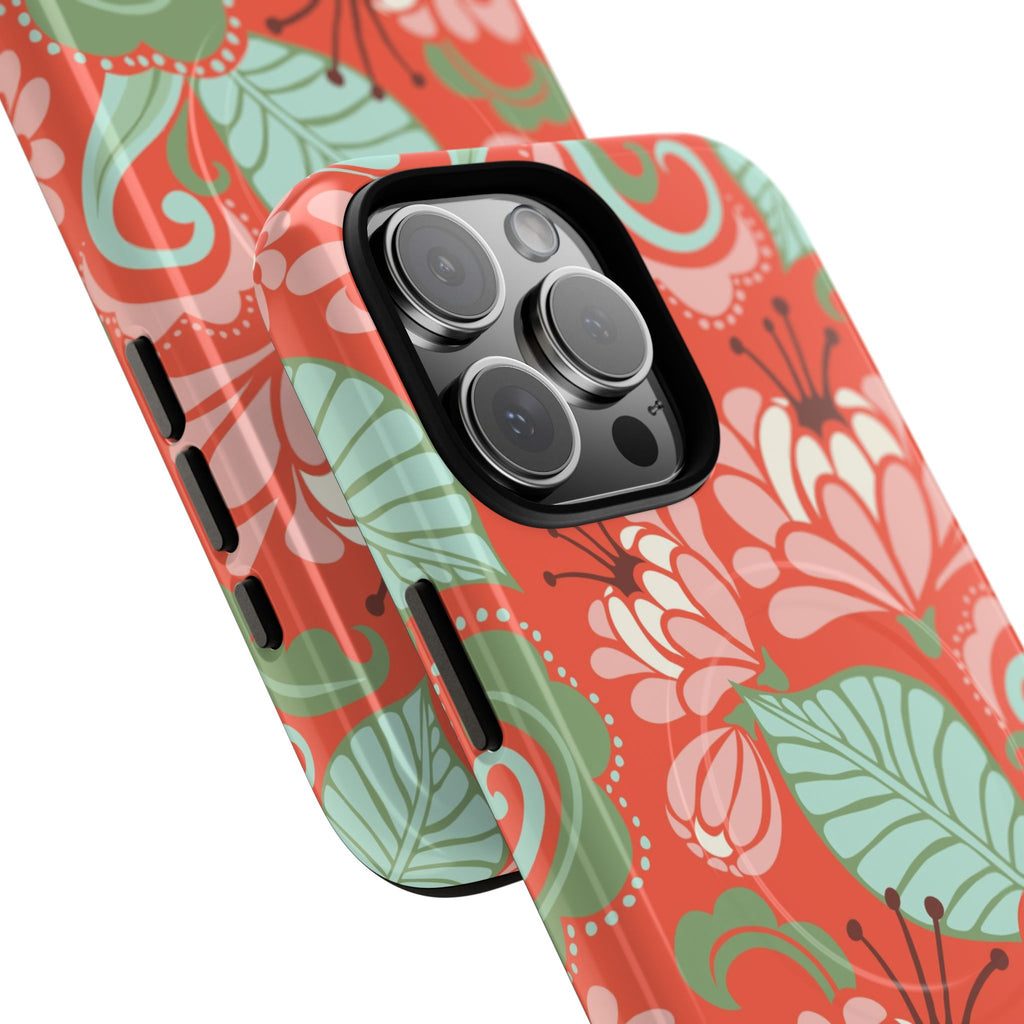 Sarabande MagSafe iPhone 16 Pro Max Case – Glossy | coral, pink, cream, green botanical floral print | angled view closeup of camera cutout and buttons