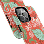 Sarabande MagSafe iPhone 16 Pro Max Case – Glossy | coral, pink, cream, green botanical floral print | angled view closeup of camera cutout and buttons
