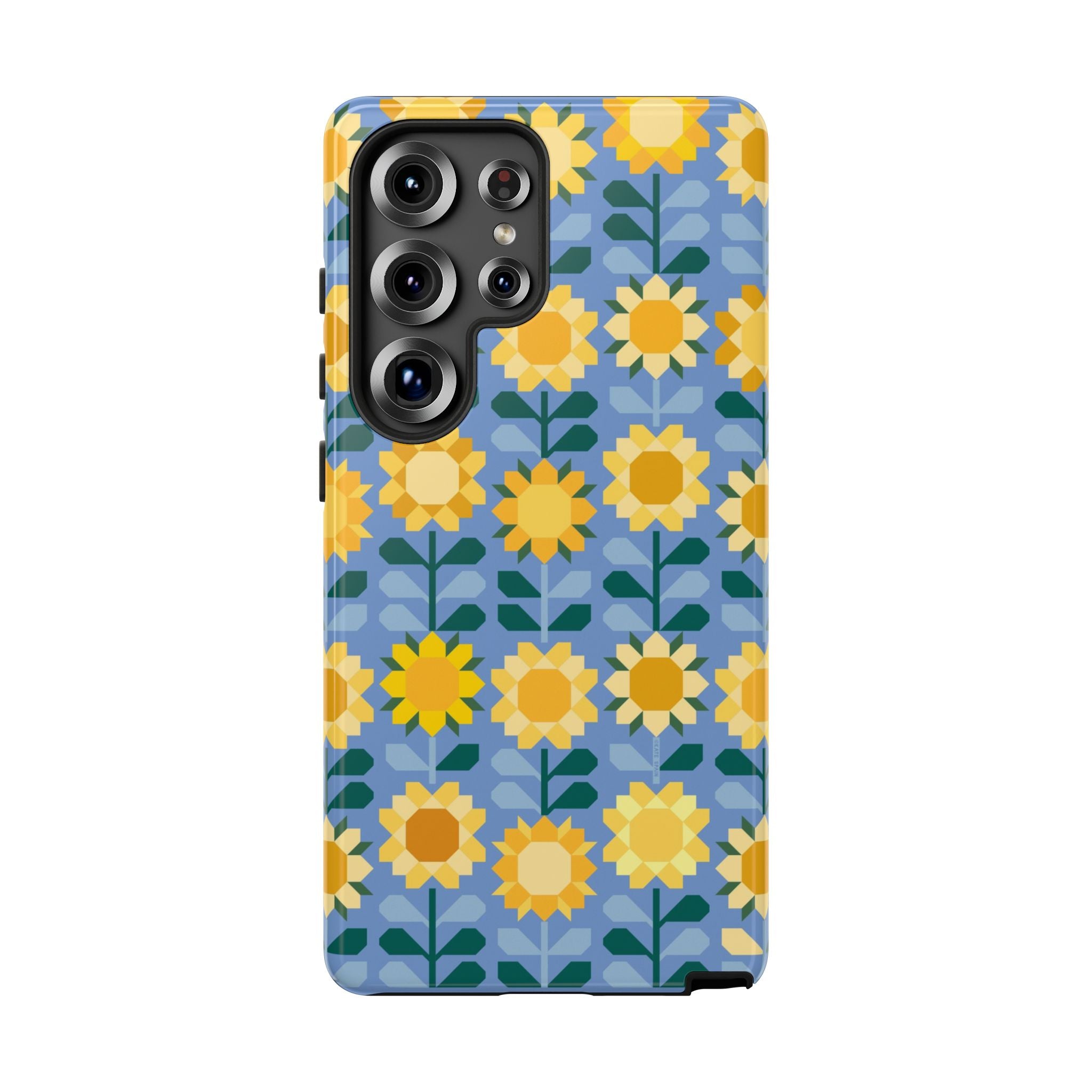 Luxury Sunflowers Samsung Galaxy S25 Ultra Case – Glossy | blue, yellow, gold geometric sunflower print 