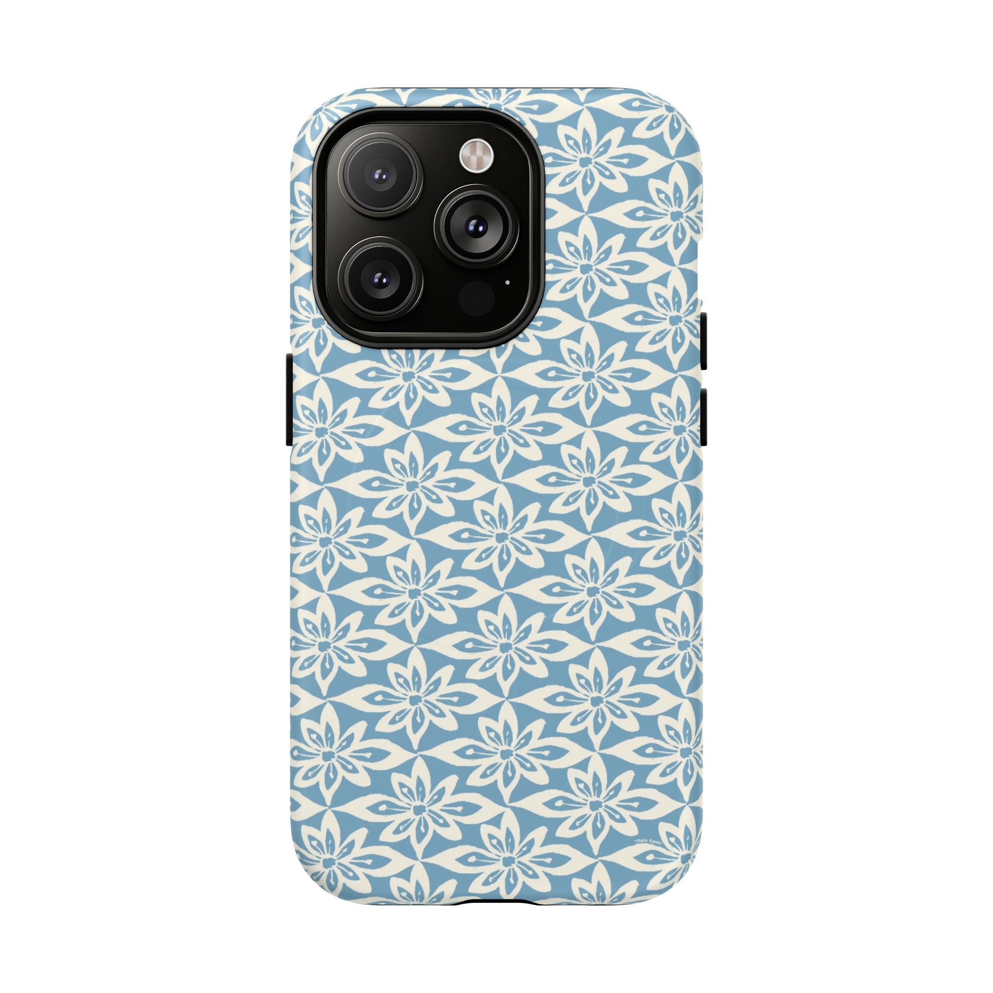 Lily Blue MagSafe iPhone 14 Pro Matte case — geometric white lily print on dusty blue by Kate Spain