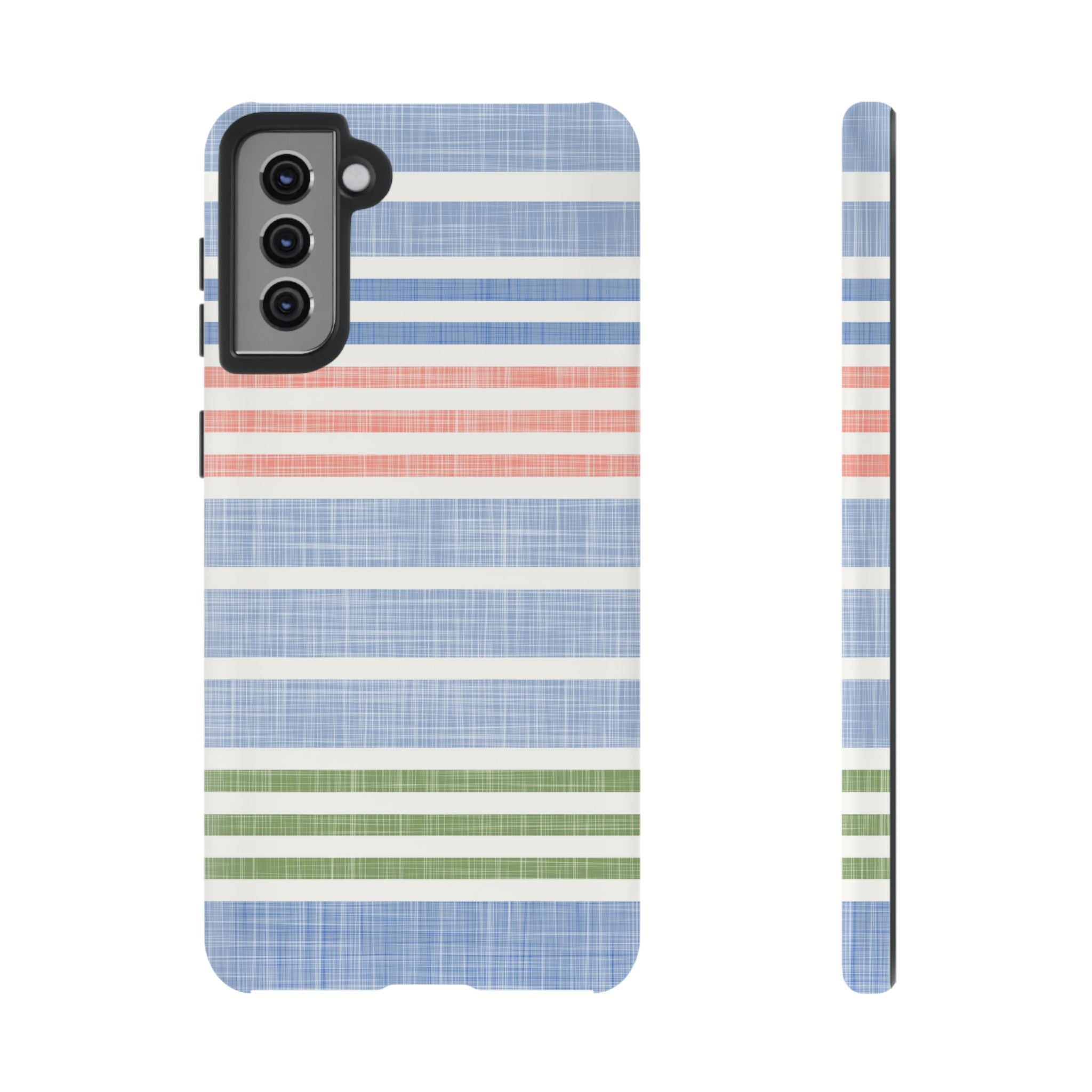 Cabana Stripe Pastel Samsung Galaxy S21 Plus Case – Matte | soft blue, coral, sage green chambray-textured stripe print dual-layer protection