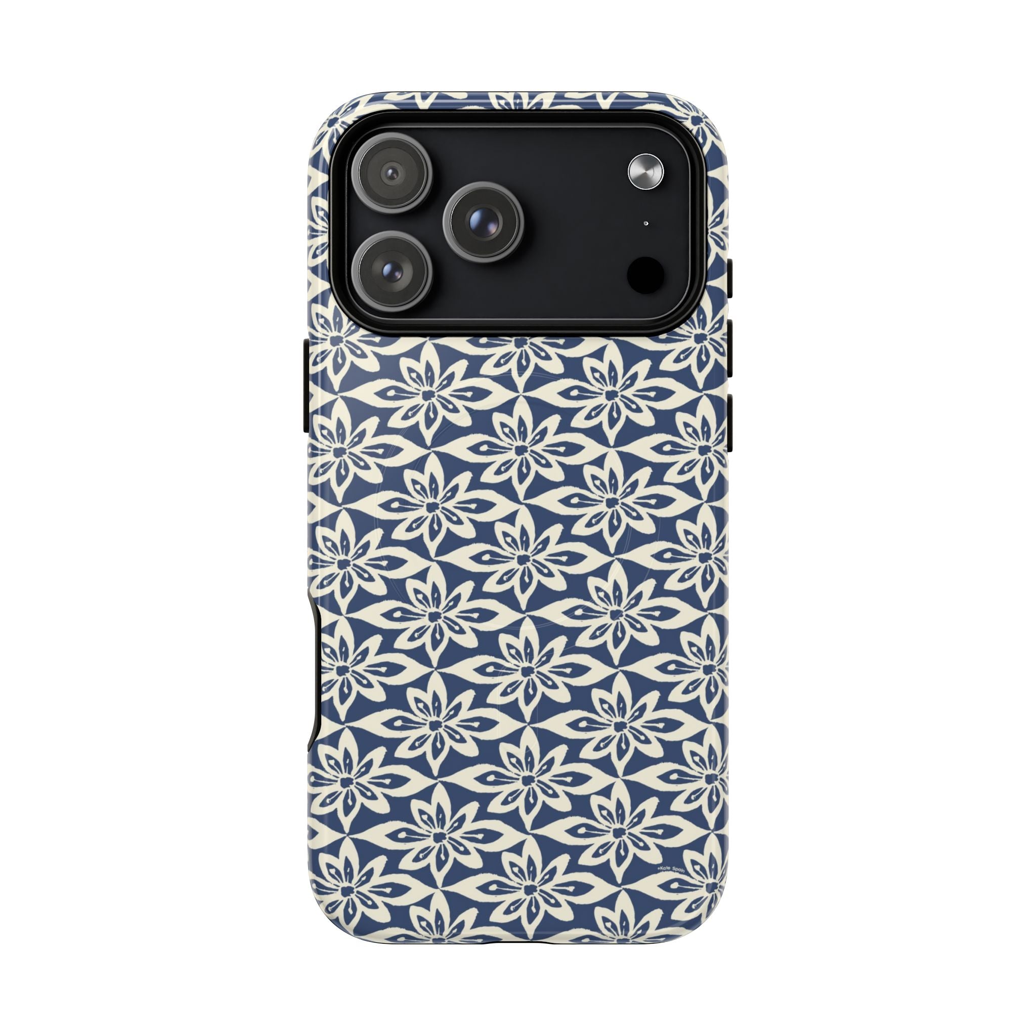 Lily Navy MagSafe iPhone 17 Pro Max Case – Glossy | graphic white lily print on deep navy — botanical MagSafe case by Kate Spain
