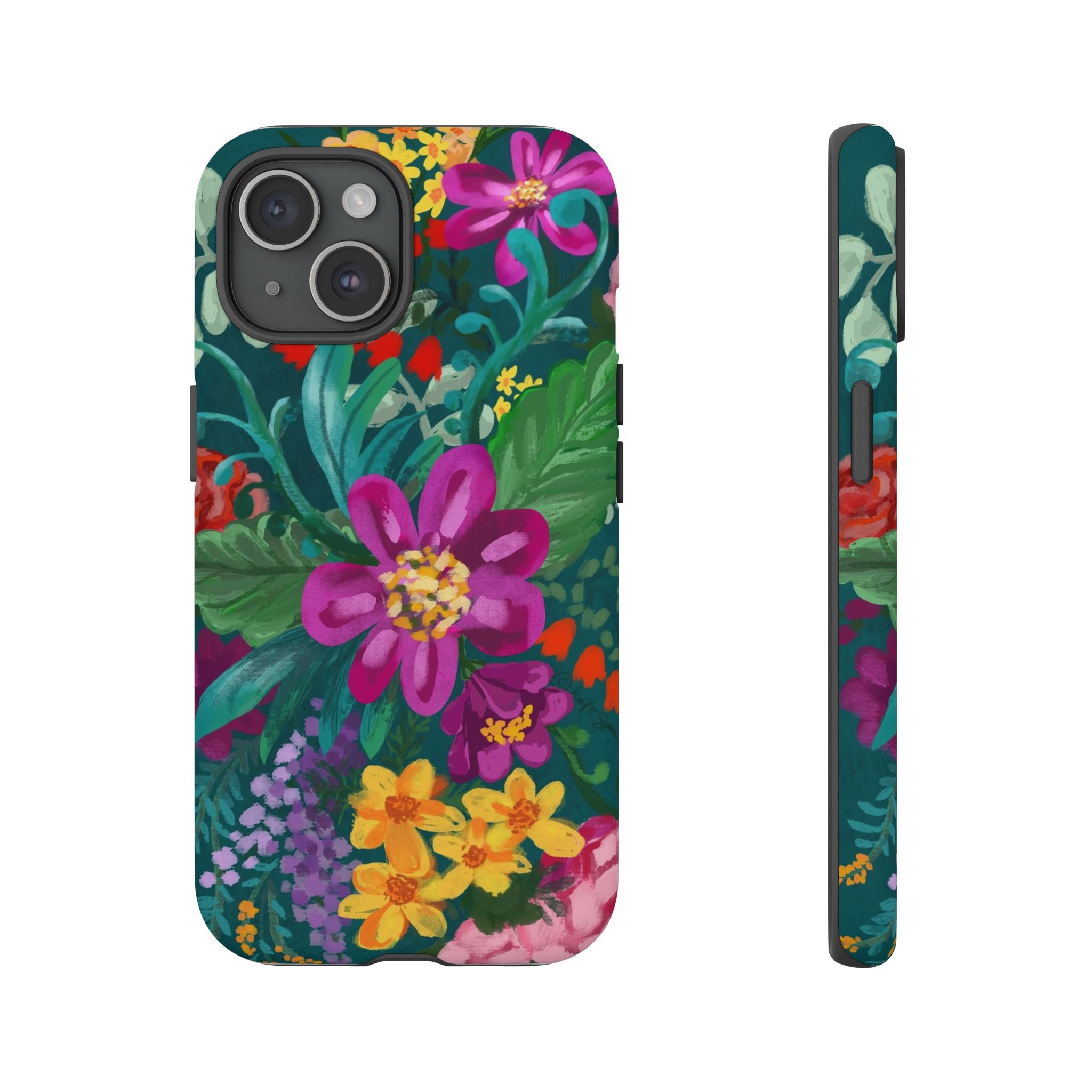 Posy Tough iPhone 15 Case – Matte | teal, purple, magenta, yellow botanical wildflower print