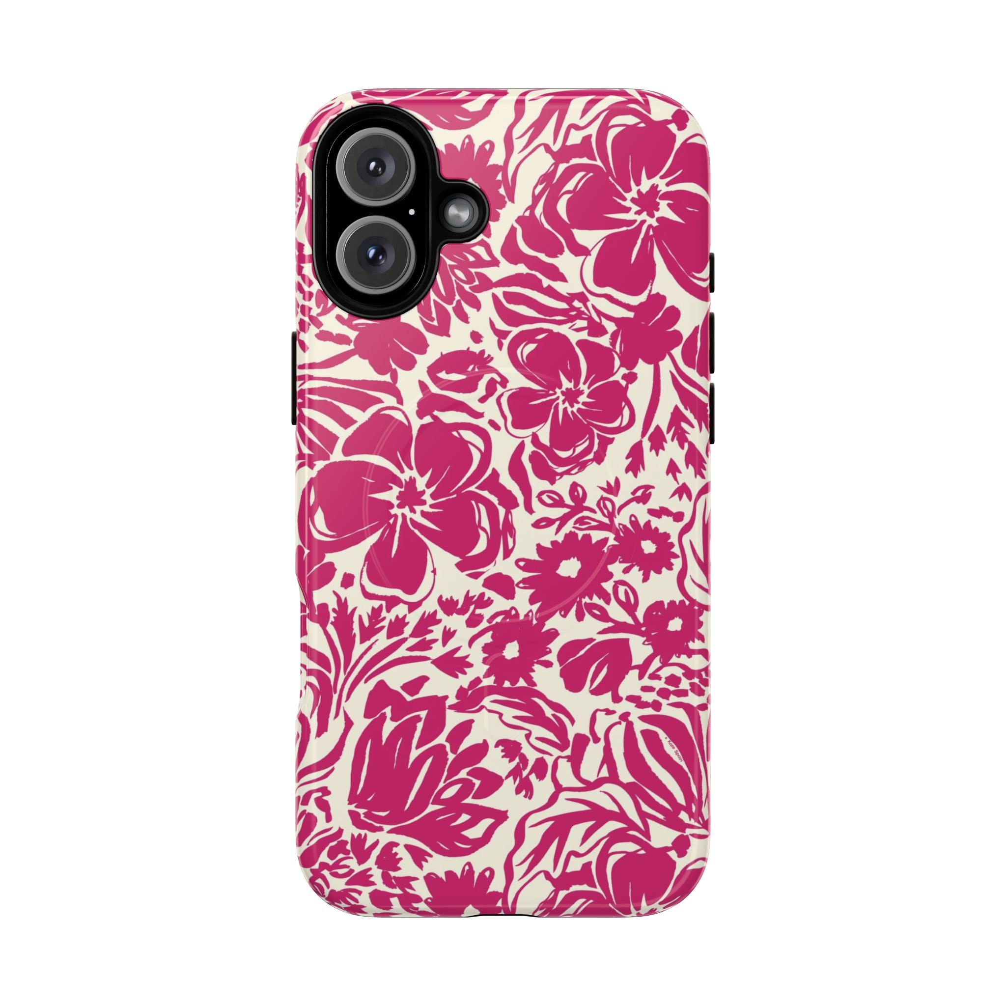 Rhapsody Bright Pink MagSafe iPhone 16 Pro Max Glossy case — bold magenta floral print on cream by Kate Spain