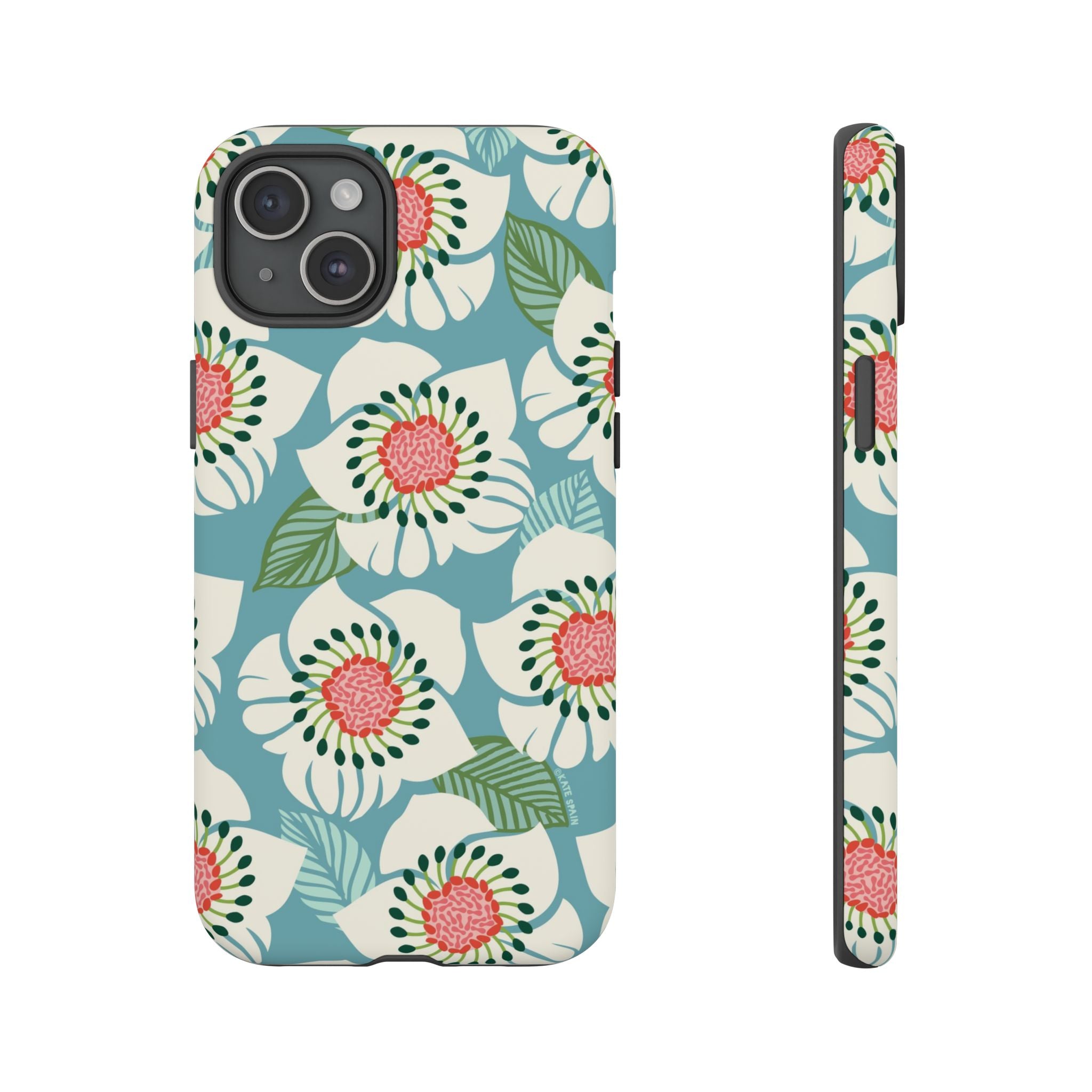 Panache Floral Tough iPhone 15 Plus Case – Matte | sky blue, pale cream, pink anemone floral print