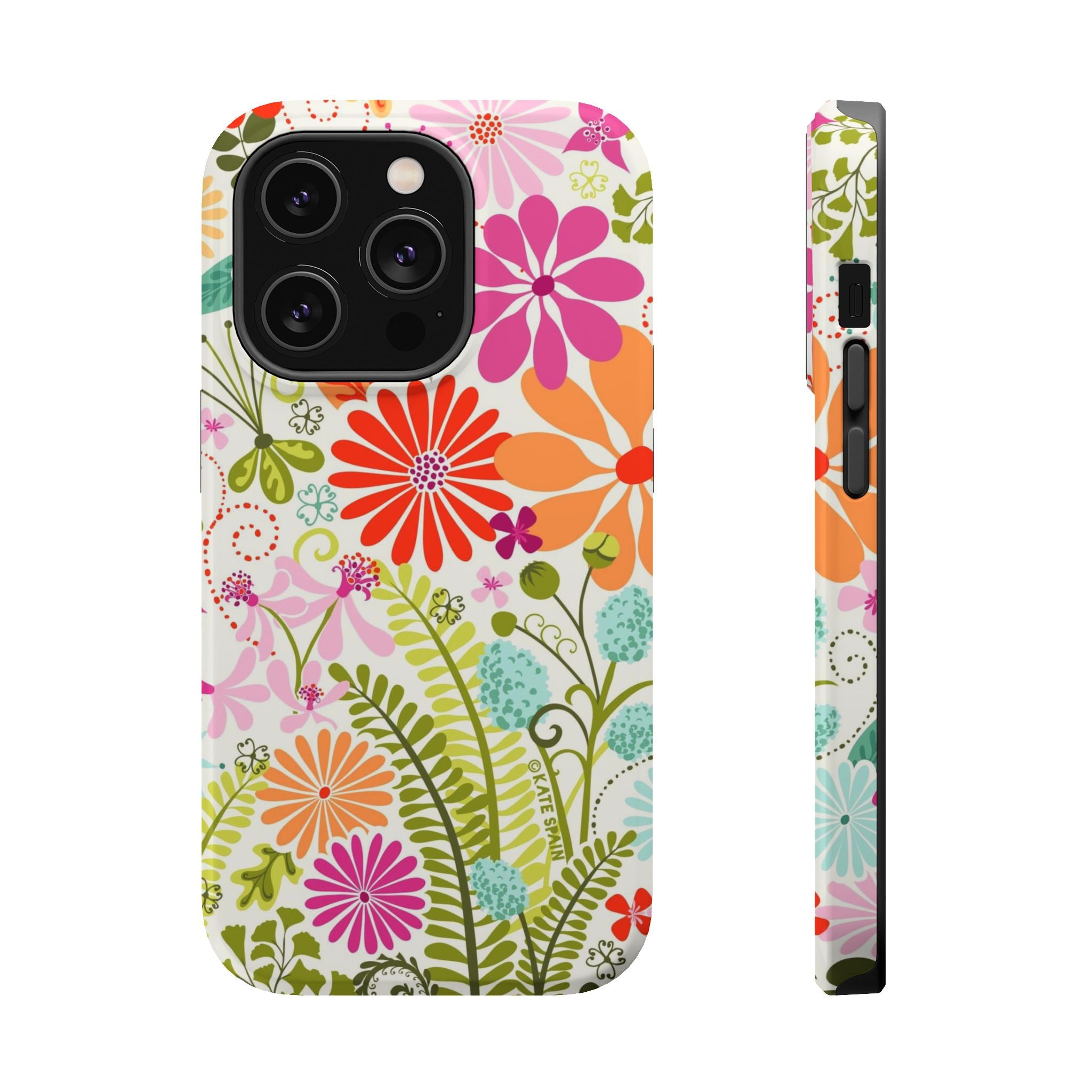 Luxury Terrain MagSafe iPhone 13 Mini Case – Glossy | white, magenta, coral botanical woodland floral print